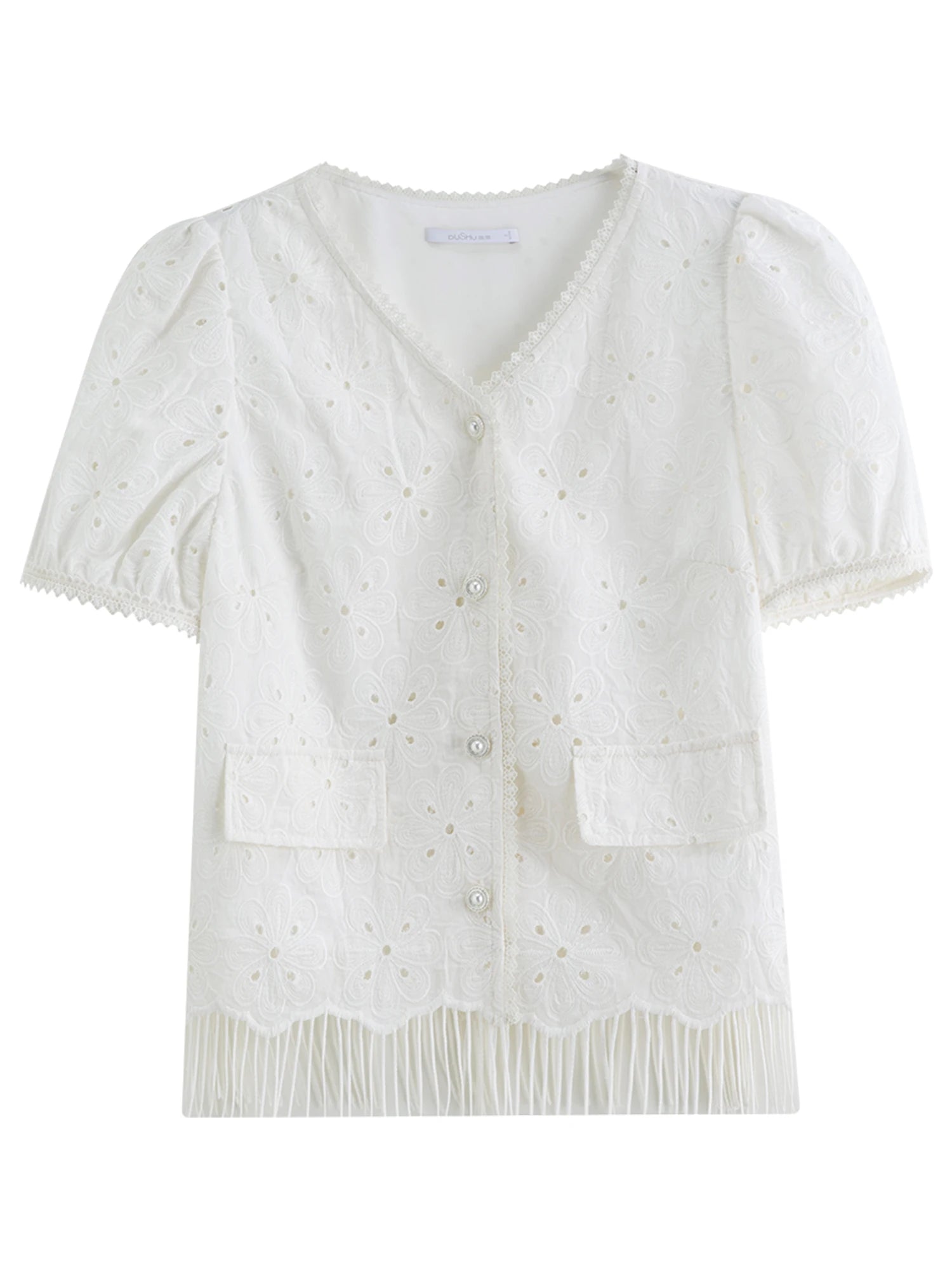 DUSHU Women White Chic Shirt Summer 2025 New Arrival Lace Embroidery Hollow Fat Tassel Casual Shirt Holiday Outfit 25DS82911