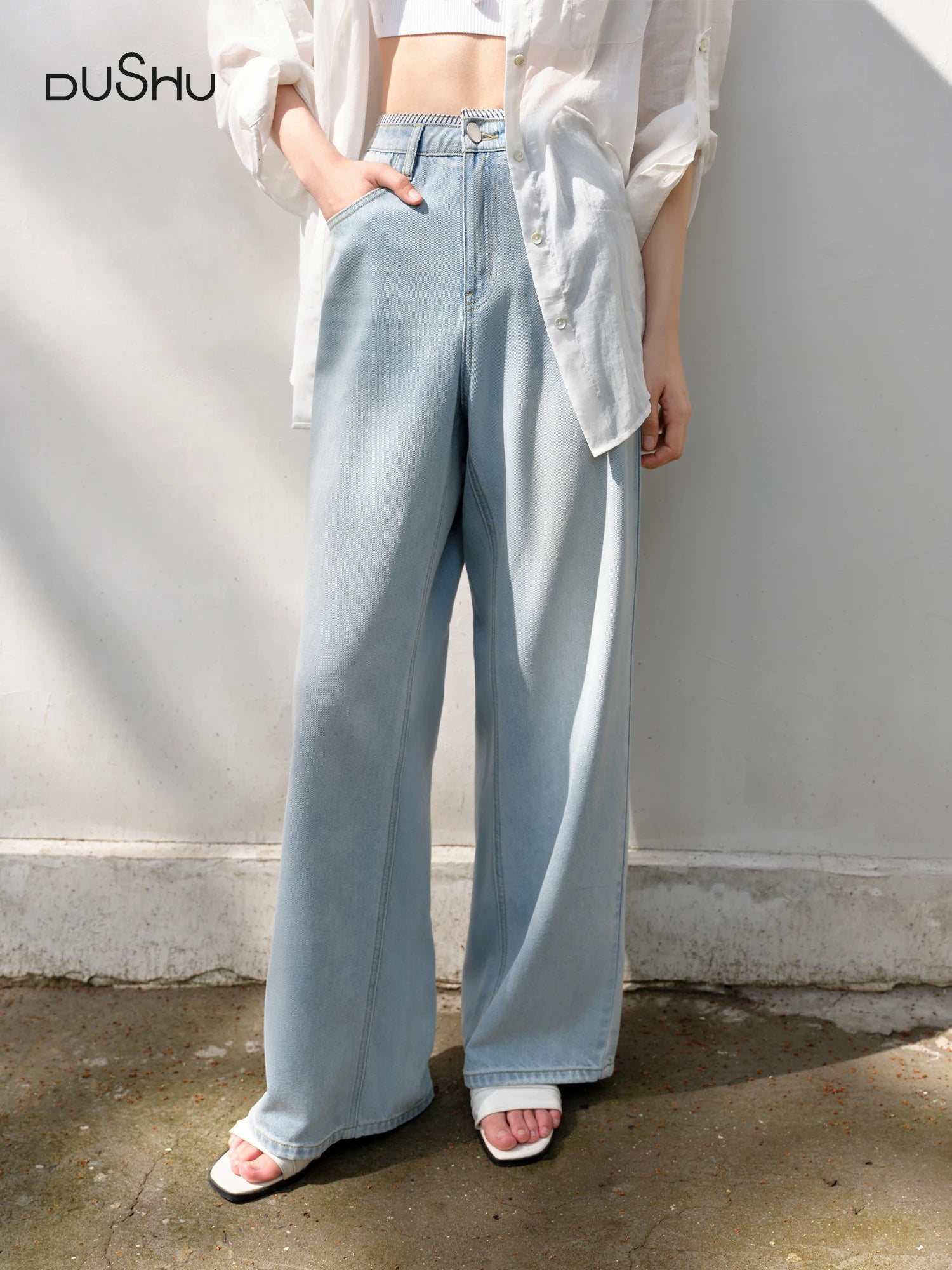 DUSHU Light-colored Jeans Summer 2025 New Style Fashionable All-match High Waist Striped Stitching Straight Pants 25DS82744
