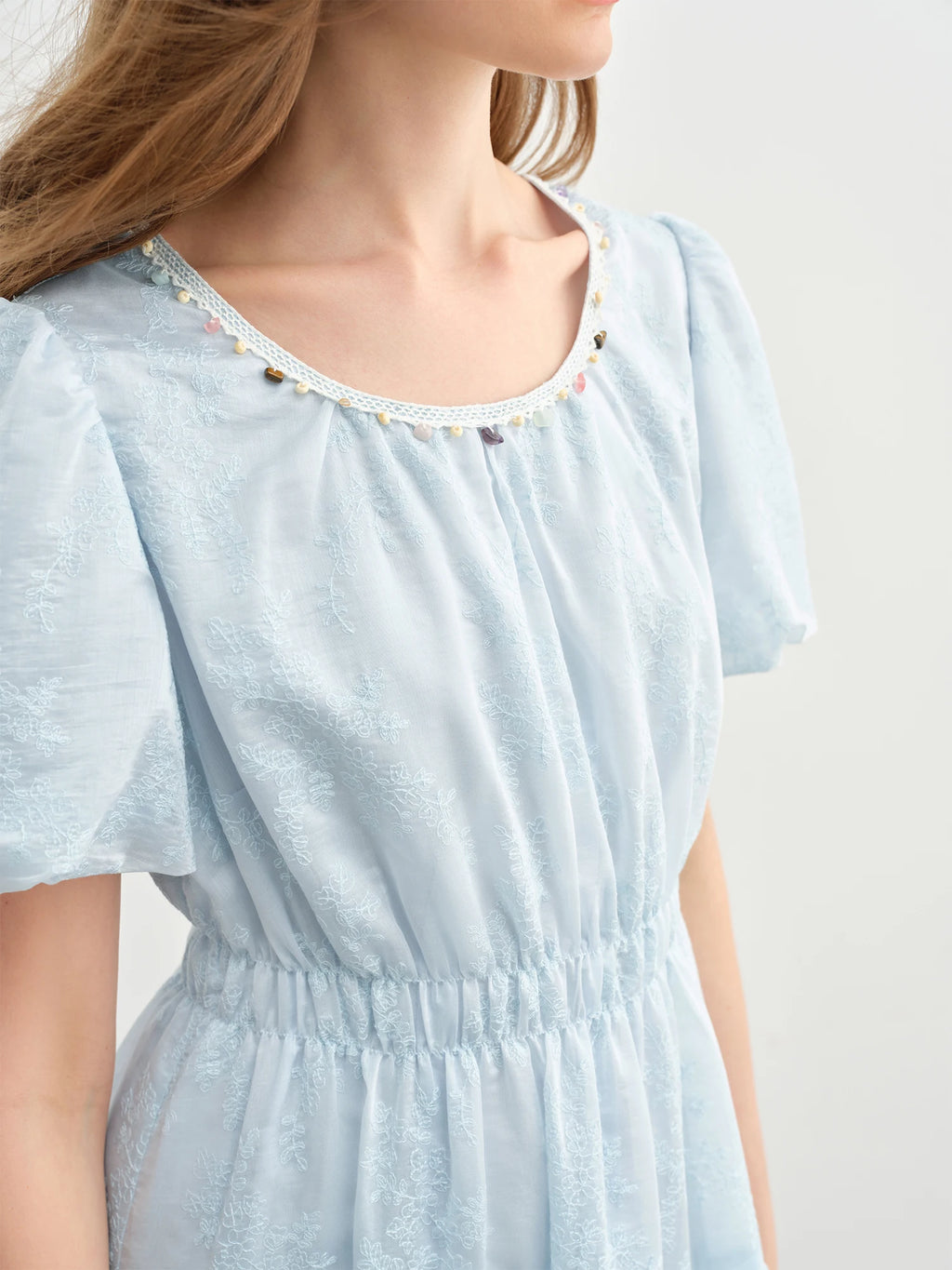 DUSHU Holiday Season Women Embroidered Long Dress 2025 Summer New Arrival Lantern Puff Sleeve High Waist Slim Dress 25DS82746