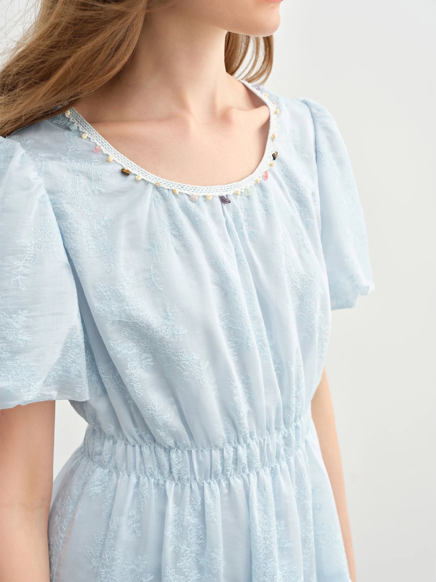 DUSHU Holiday Season Women Embroidered Long Dress 2025 Summer New Arrival Lantern Puff Sleeve High Waist Slim Dress 25DS82746