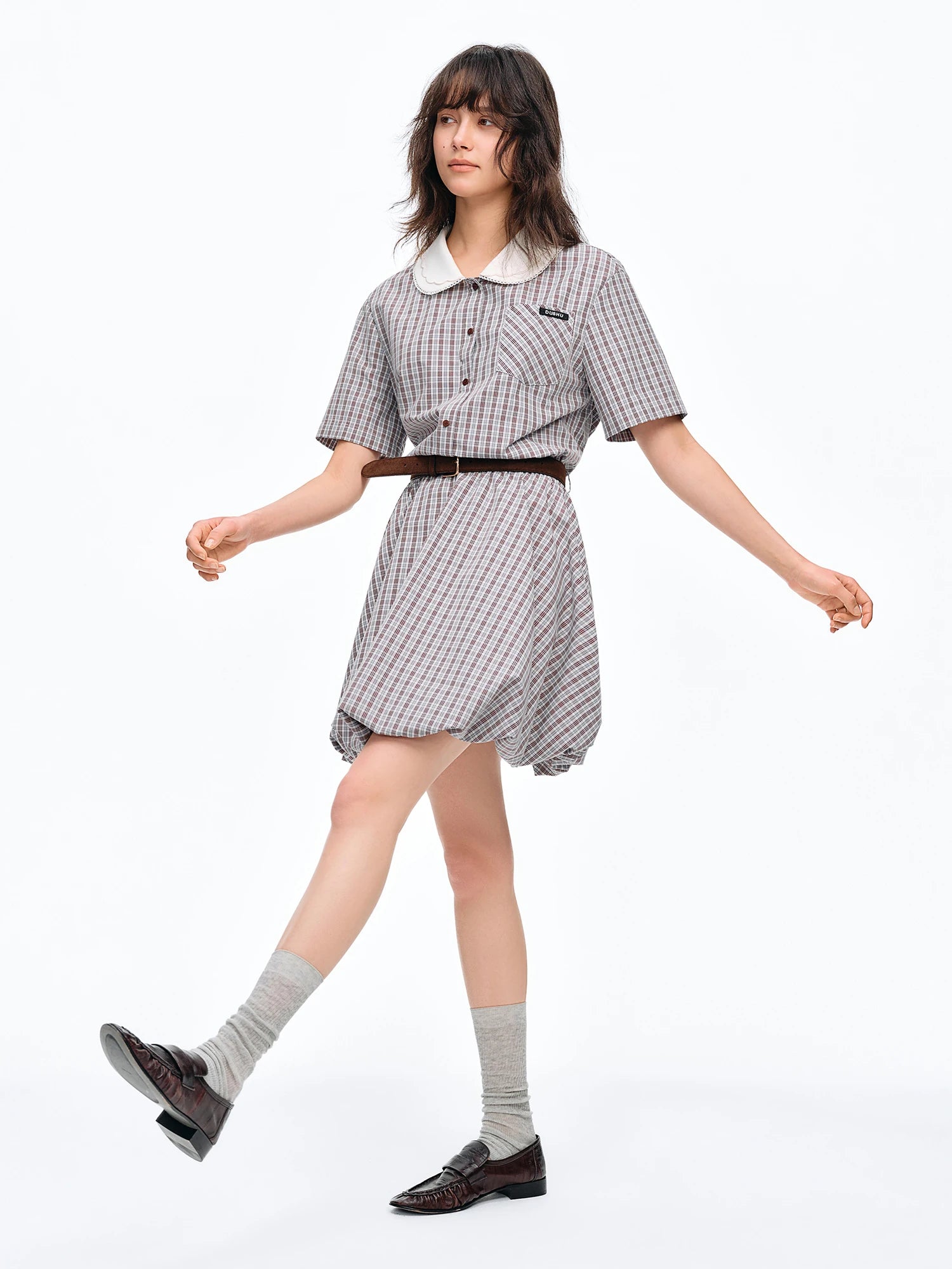 DUSHU Checkered Bold Color Contrast Preppy College Style Summer 2026 New Arrival Peter Pan Collar Cotton Contain Dress No Belt
