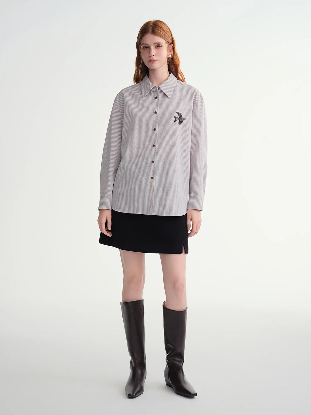 DUSHU Plus-Size Women Fashion The Birds Artistic Checkered Applique Embroidery Stripe Shirt  Winter 2025 Collection Women Shirt