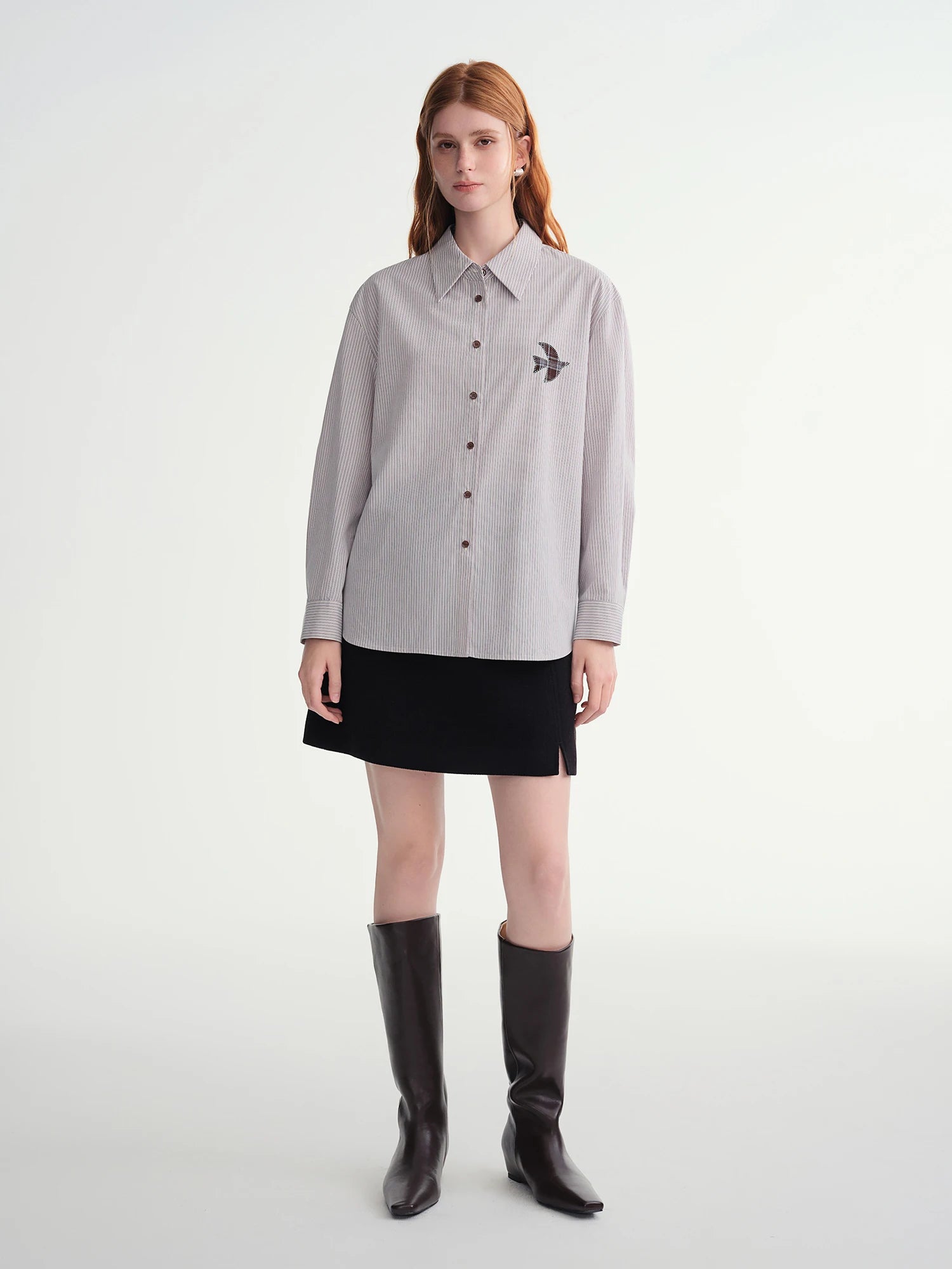 DUSHU Plus-Size Women Fashion The Birds Artistic Checkered Applique Embroidery Stripe Shirt  Winter 2025 Collection Women Shirt