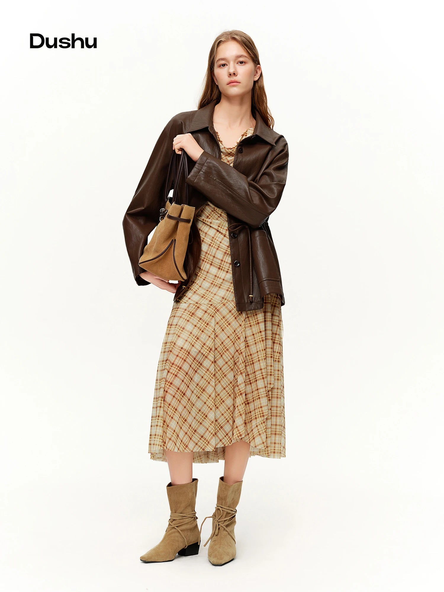 DUSHU Brown Retro Plaid Mesh Vest Dresses Women 2026 Spring New Arrival Resort Style Maxi Sundress Holiday Romantic Urban Style