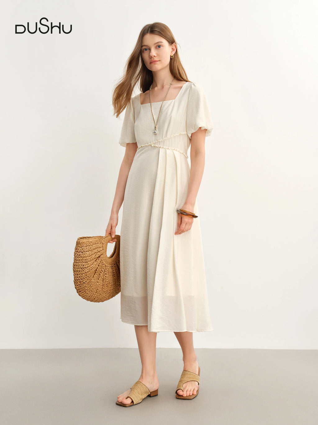 DUSHU Plus Size Women French Style Square Neck Shell Lace Dress 2025 Summer Elegant Temperament Medium Long Dress 25DS82722