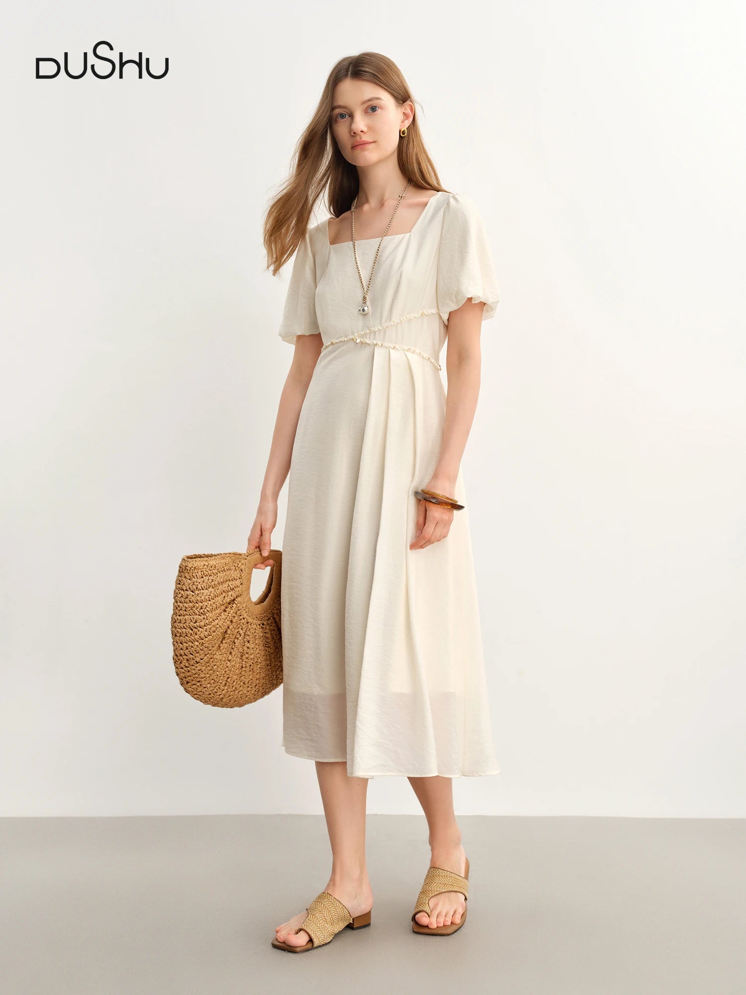 DUSHU Plus Size Women French Style Square Neck Shell Lace Dress 2025 Summer Elegant Temperament Medium Long Dress 25DS82722