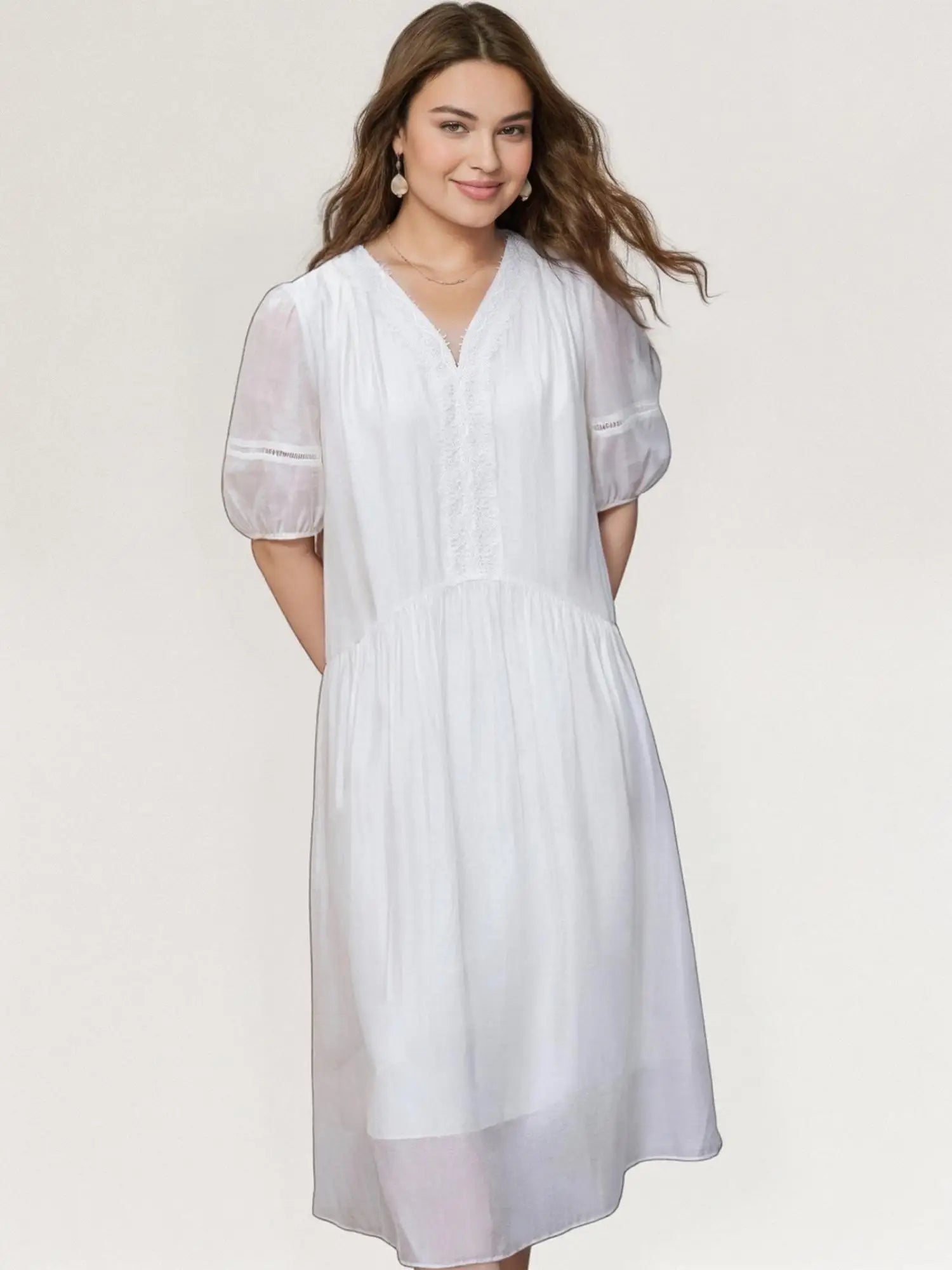 DUSHU Women Summer White Loose Dress Lace Design V-Neck Short Sleeve Female Lyocell A-LINE Thin Dresses 25DS81319