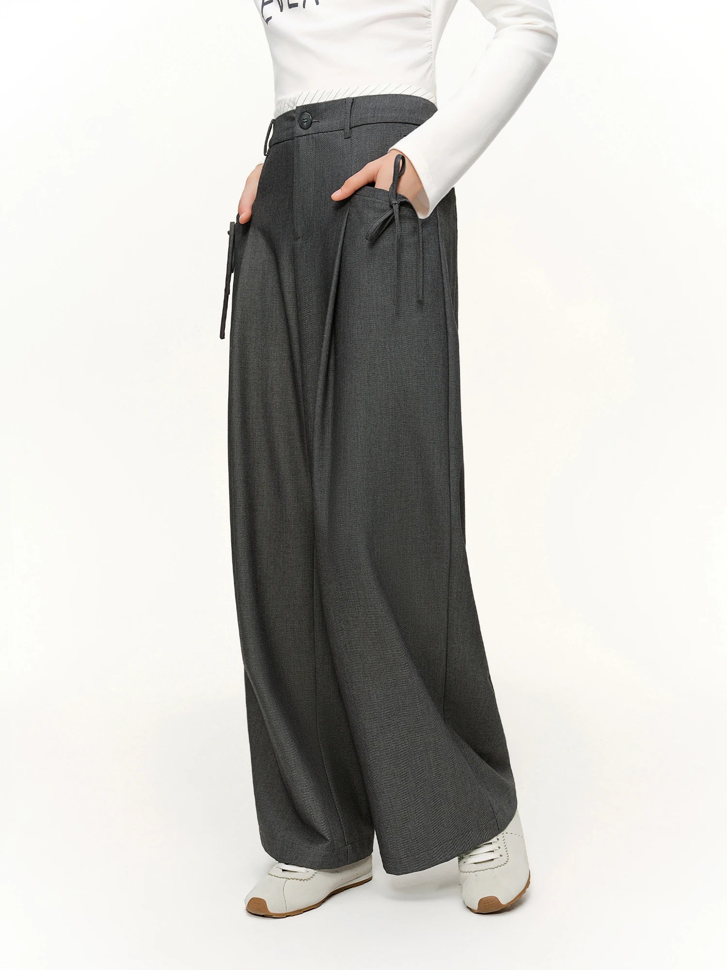 DUSHU 2026 Spring Women's Stripe Panel High Waist Straight Leg Pants - Elegant Casual Trousers with Contrast Trim for Daily