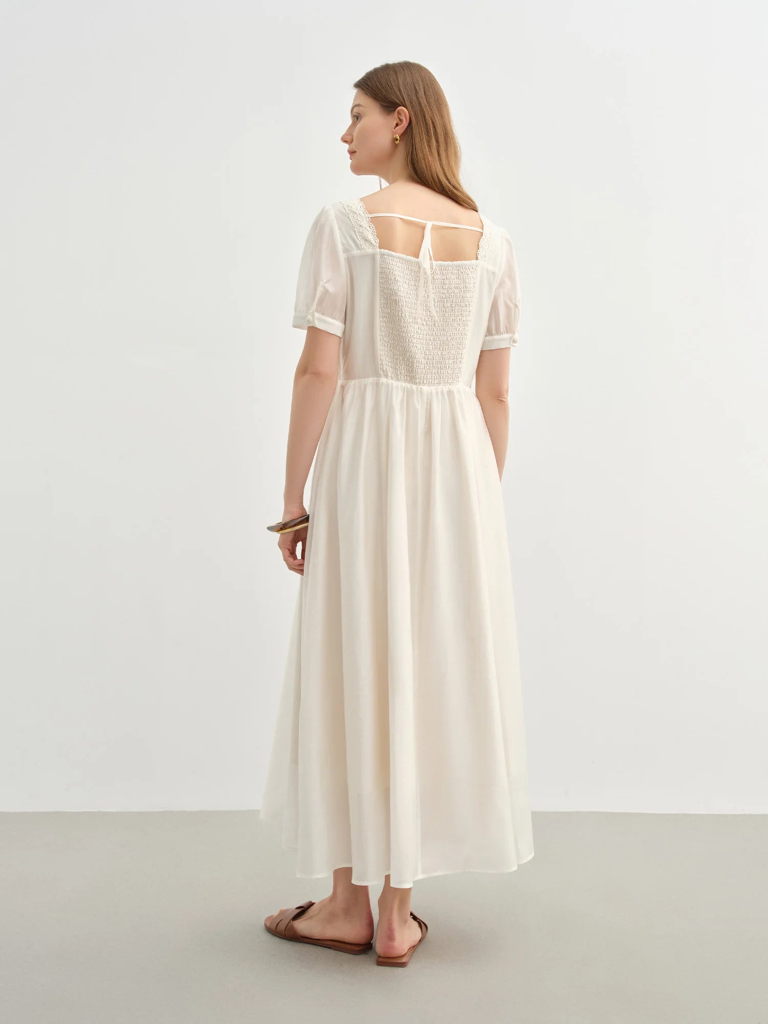 DUSHU Holiday Wave Playful Skirt Summer Travel Midi-length Dresses Lace Ribbon Square Neck Dress 25DS82742