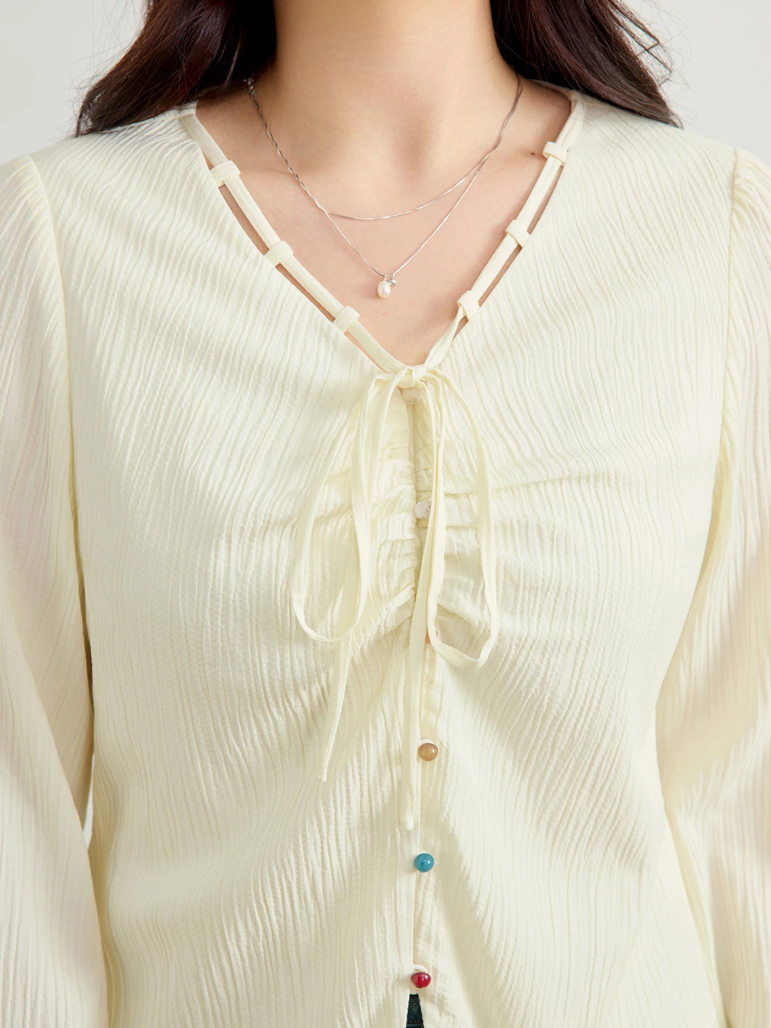 DUSHU Women Beige Long Sleeve Shirts V-Neck Single Breasted Spring Chiffon Blouse Gentle Style Long Sleeve Tops 25DS81100