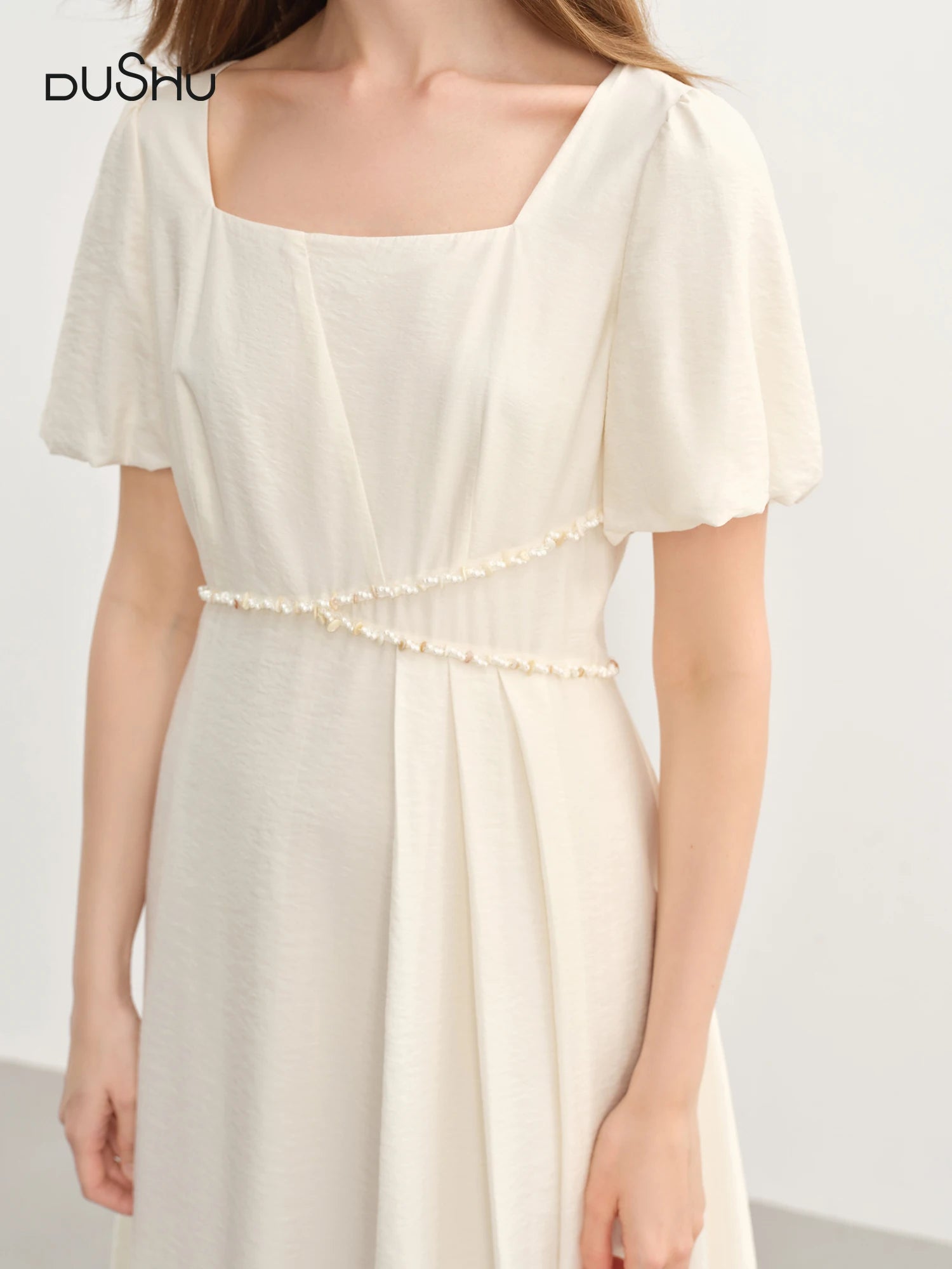 DUSHU Plus Size Women French Style Square Neck Shell Lace Dress 2025 Summer Elegant Temperament Medium Long Dress 25DS82722