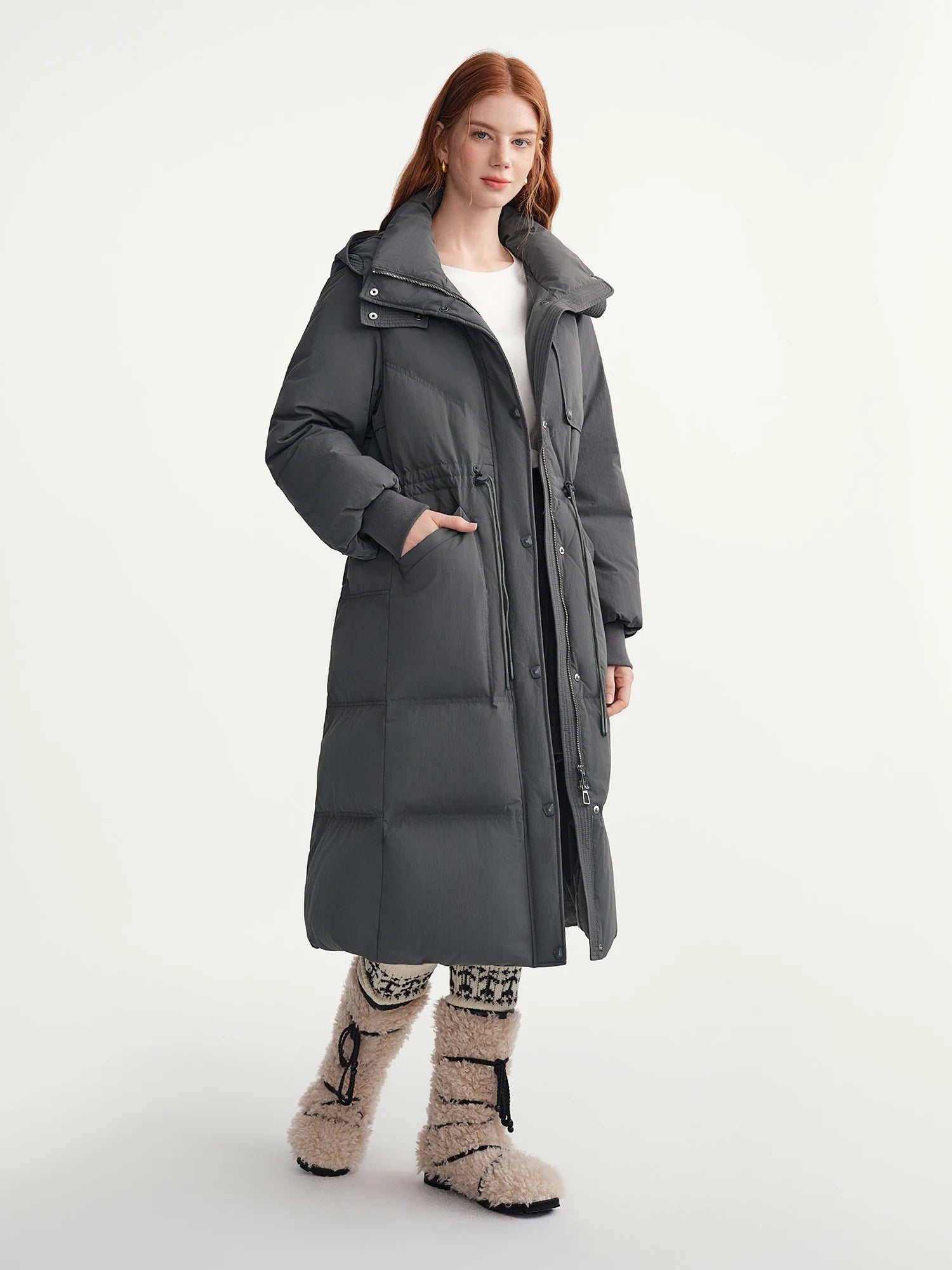 DUSHU 2025 Plus Women's Long Puffer Coat Hooded Belted Waist Down Jacket Slim Fit Winter Warm Thermal Parka Trench Overcoat