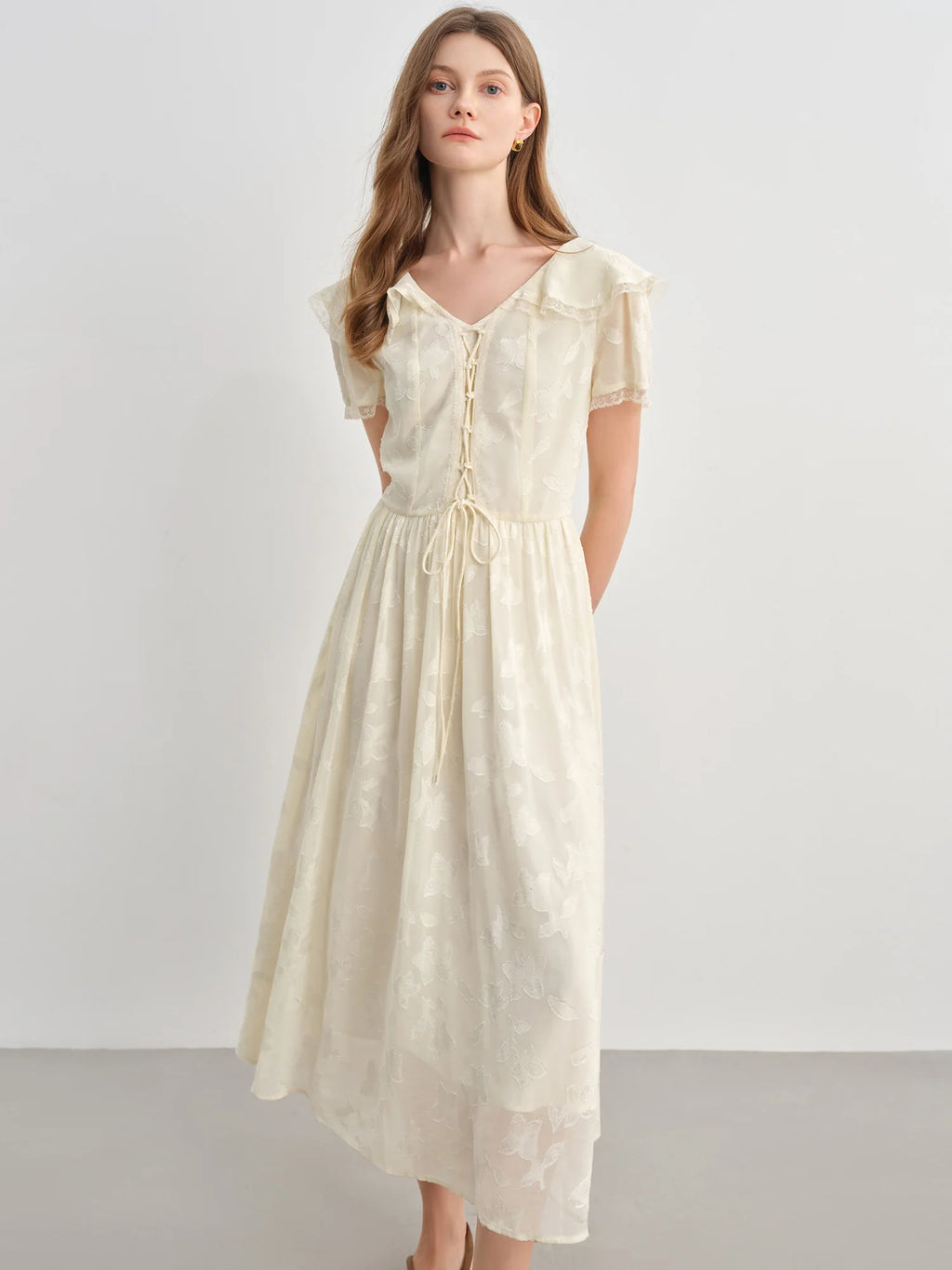 DUSHU Plus-Size Women Summer 2025 New Arrival  Elegant Ruffled Collar Jacquard V-Neck Romantic Fitted Waist Long Dress 25DS82753