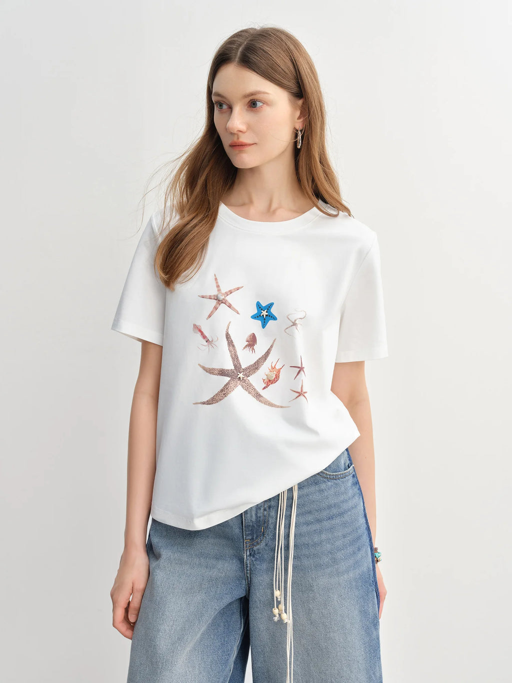 DUSHU Women Marine Element Printed Shell Decorated T-shirt 2025 New Arrival Fashion Versatile Slim Casual Top 25DS82912