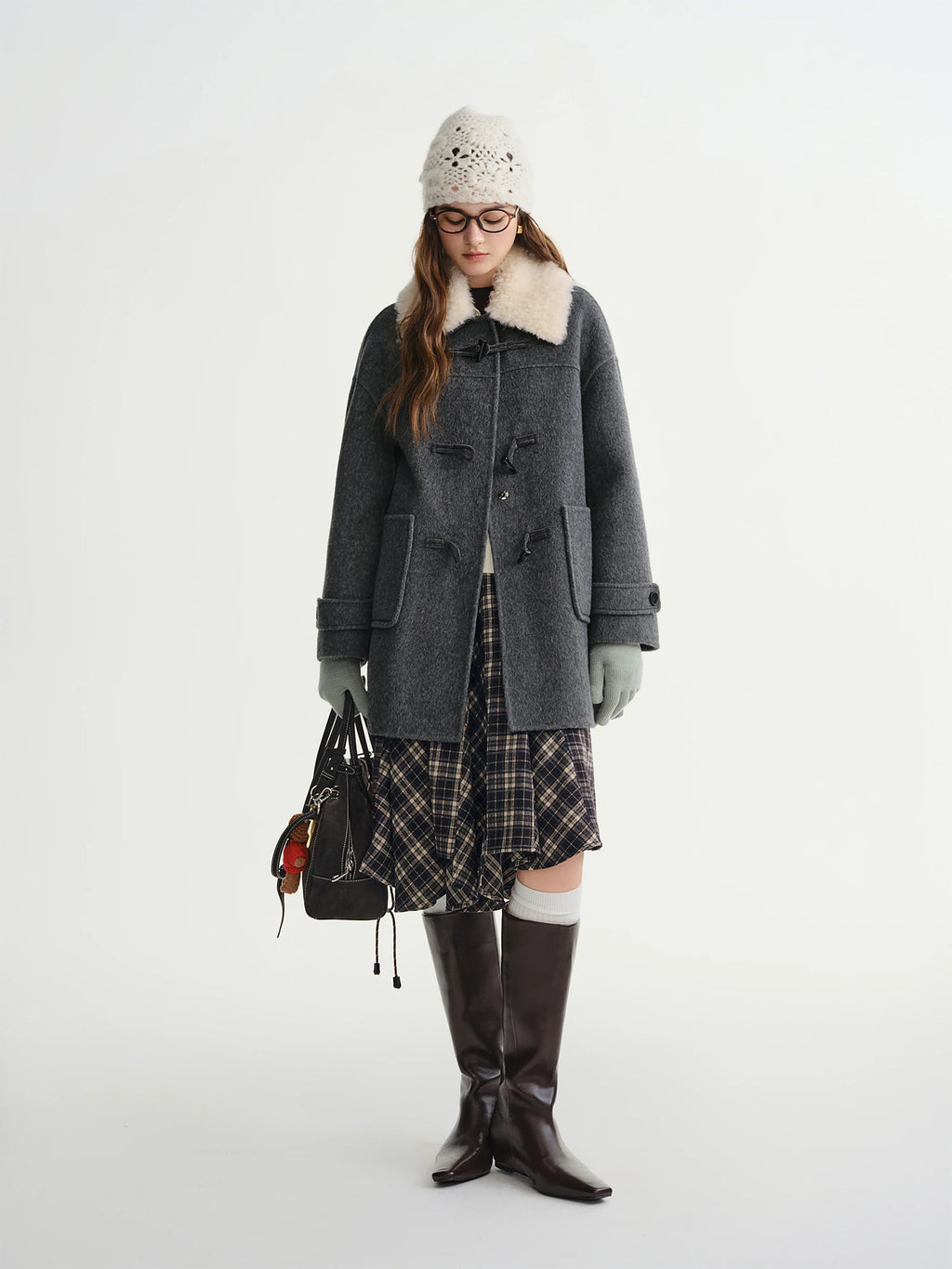 DUSHU 2025 Winter Women's Detachable Faux Fur Collar Toggle Button Wool Blend Coat - New Arrival Casual Elegant Outerwear