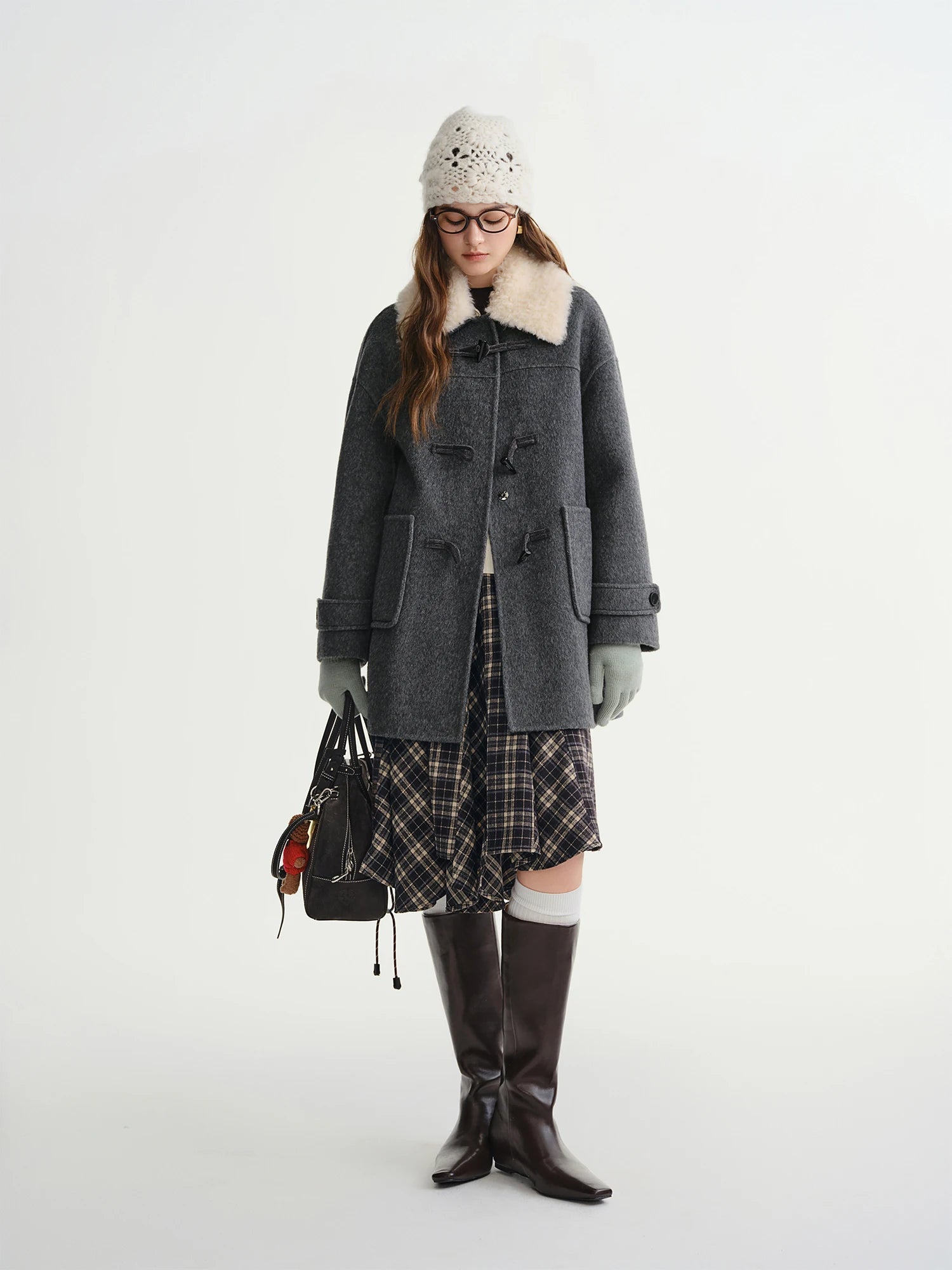 DUSHU 2025 Winter Women's Detachable Faux Fur Collar Toggle Button Wool Blend Coat - New Arrival Casual Elegant Outerwear