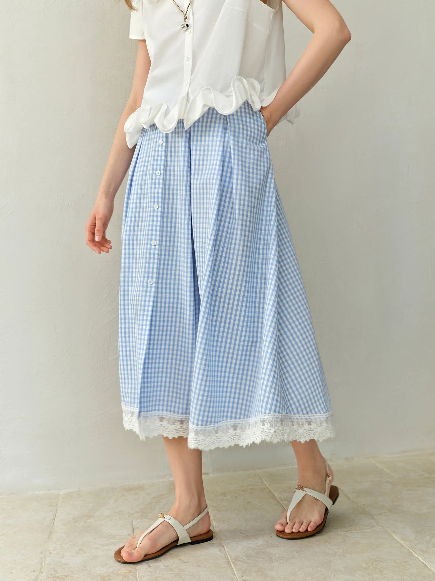 DUSHU Plus-size Blue and White Checkered Skirt - 2025 Summer New Arrival Chic Fashionable and Versatile for Women 25DS82445
