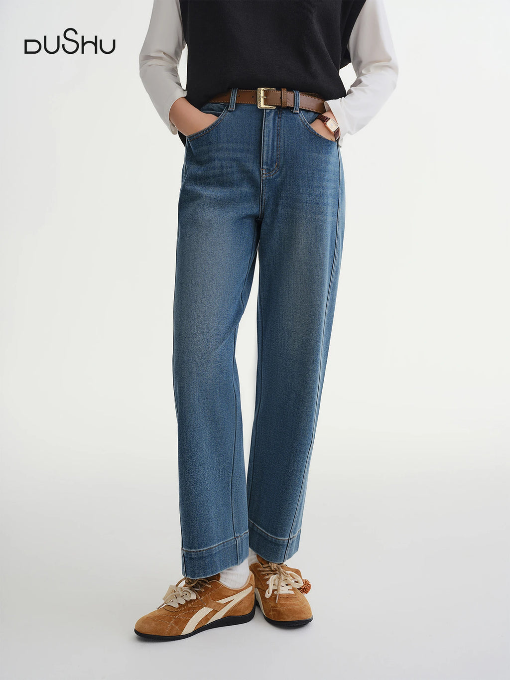 DUSHU 2025 Autumn Women's Brushed Fleece Straight Leg Cropped Jeans - Retro Relaxed Fit Casual Pants for Everyday Comfort