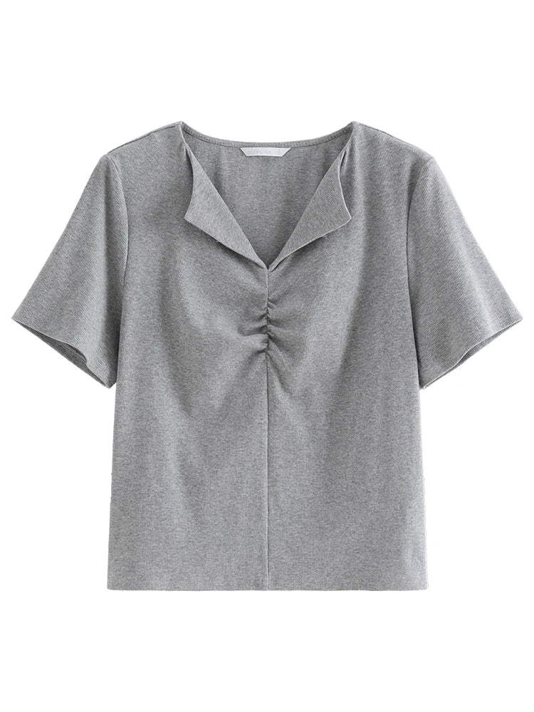 DUSHU【2 Colors】Women Simple Pleated Lapel Short-sleeved T-shirts Summer Front Shoulder Thin Knitted Grey Tees 24DS82113