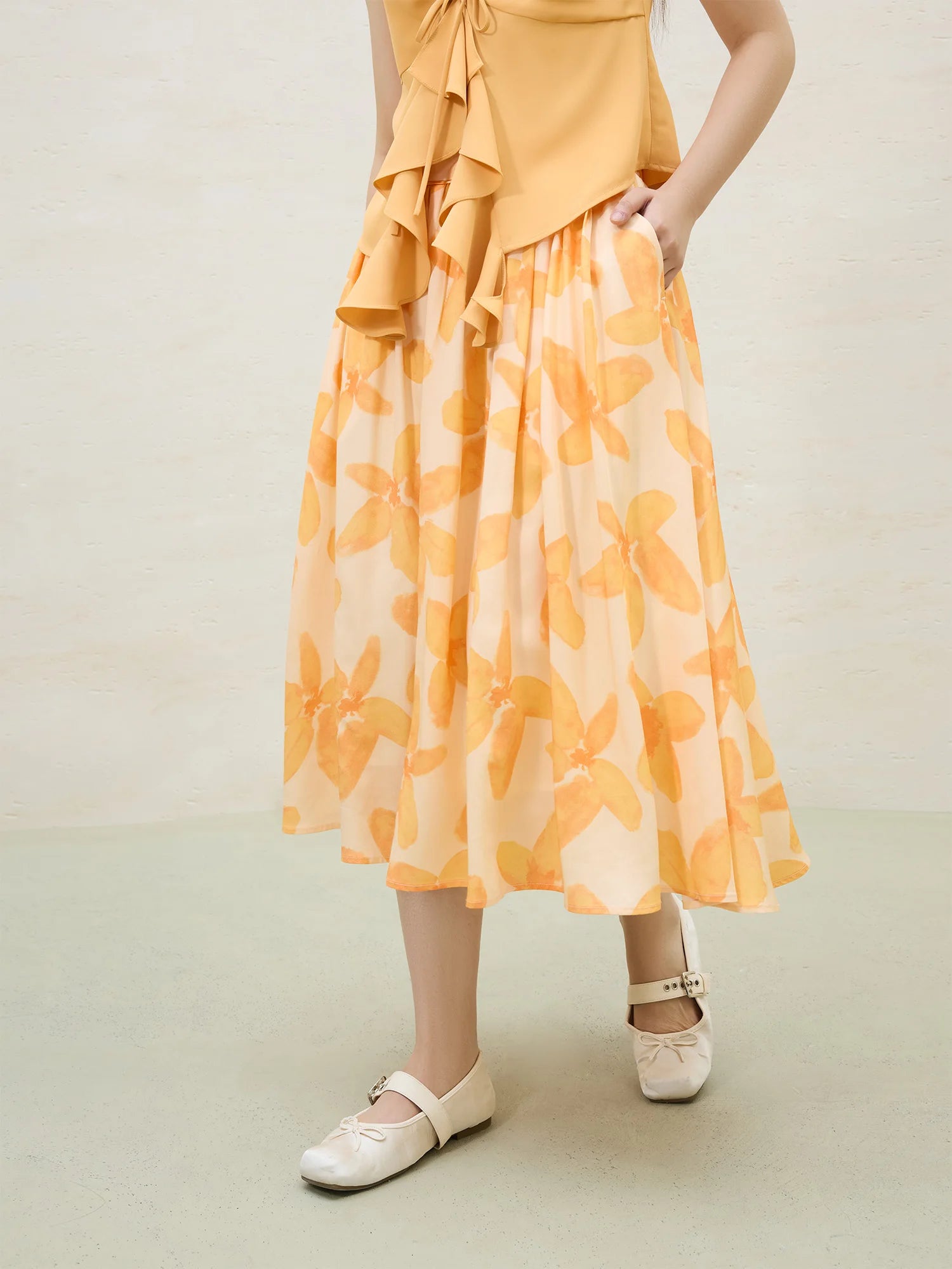 DUSHU Plus Size Romantic Art Orange Flower Umbrella Skirt For Women 2025 Summer Floral Fashion High Waist Skirt 25DS82081