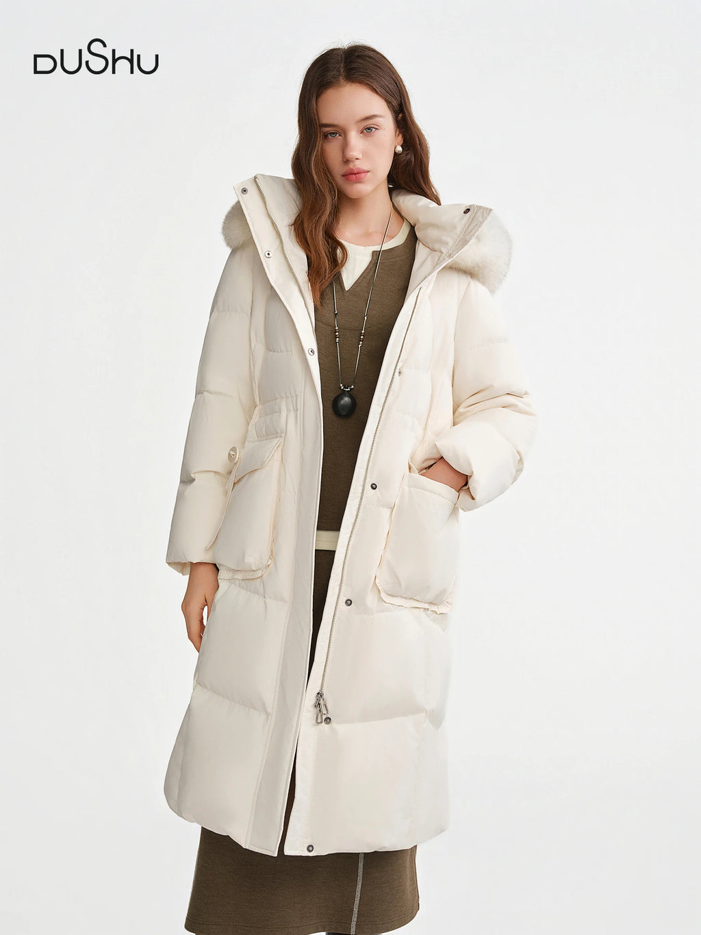 DUSHU Fox Fur Hooded Long Down Jacket New Winter Mid-Length Coat Waist-defined Simple Loose Fit Leisure Daily Warm All-match Ins