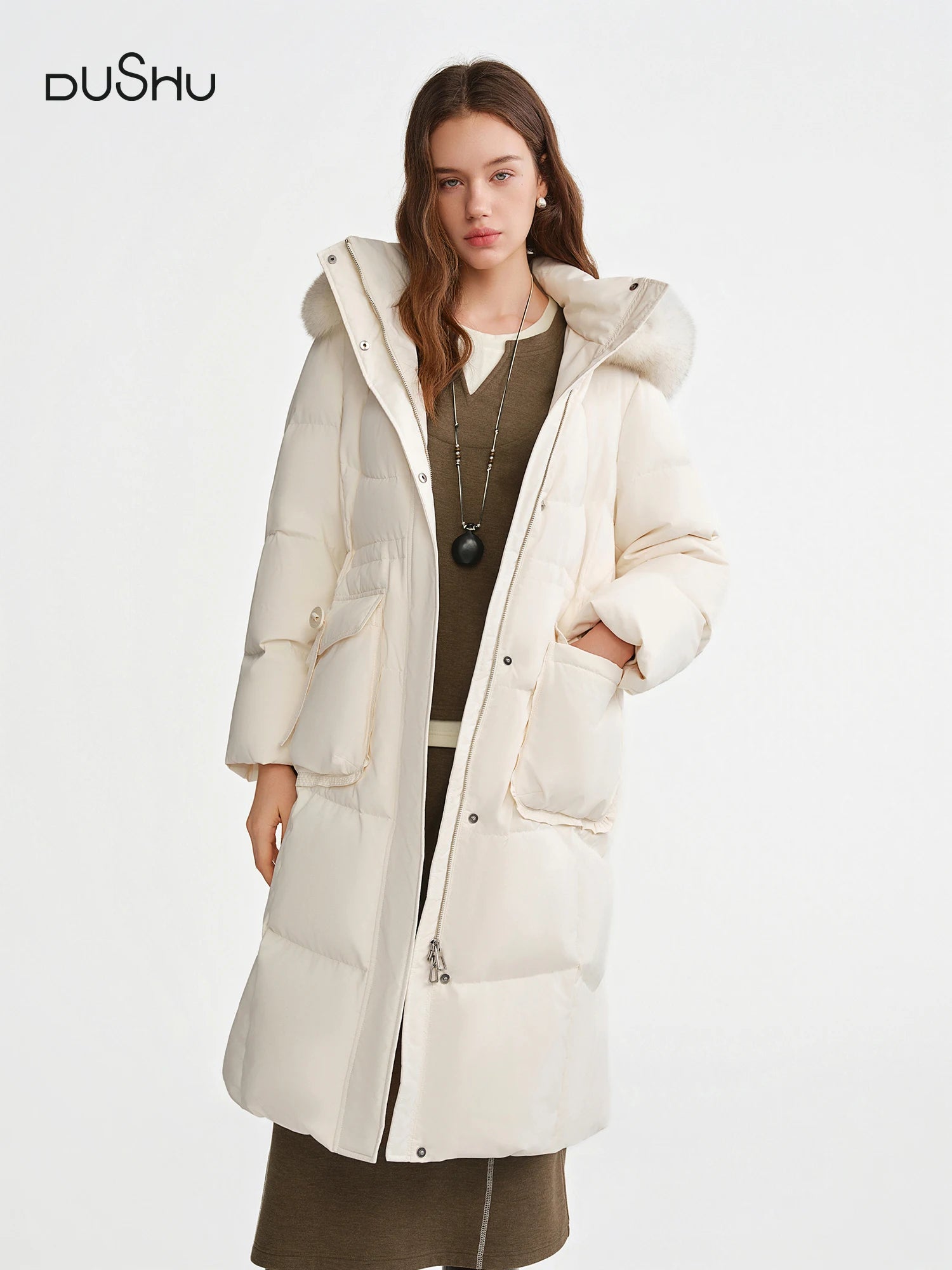 DUSHU Fox Fur Hooded Long Down Jacket New Winter Mid-Length Coat Waist-defined Simple Loose Fit Leisure Daily Warm All-match Ins