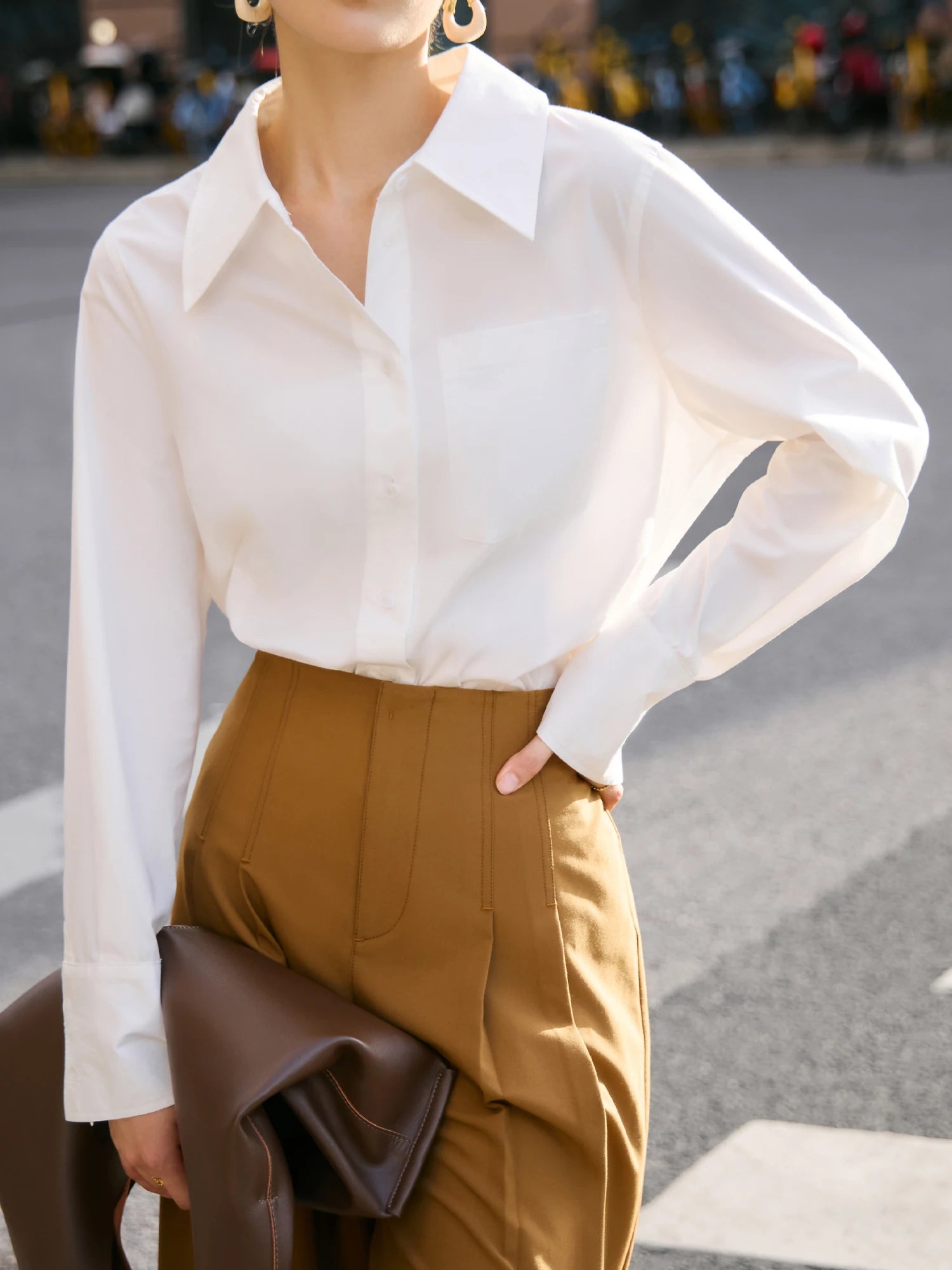 DUSHU【2 Colors】Women Long Sleeve Blouse Polo Neck Front Shoulder Commuter White Shirts Pocket Decoration Female Shirt 24DS83323