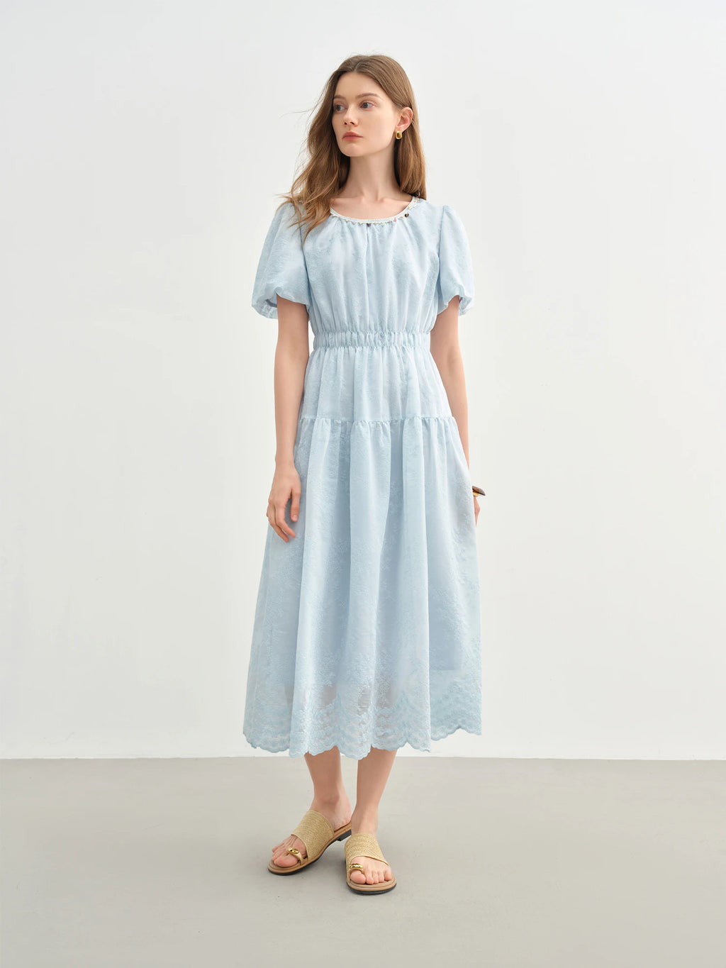 DUSHU Holiday Season Women Embroidered Long Dress 2025 Summer New Arrival Lantern Puff Sleeve High Waist Slim Dress 25DS82746