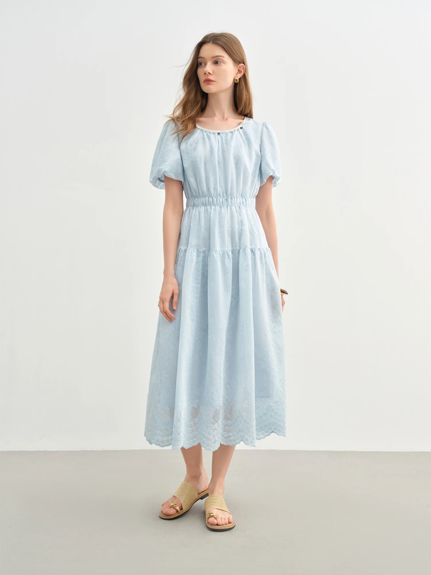 DUSHU Holiday Season Women Embroidered Long Dress 2025 Summer New Arrival Lantern Puff Sleeve High Waist Slim Dress 25DS82746