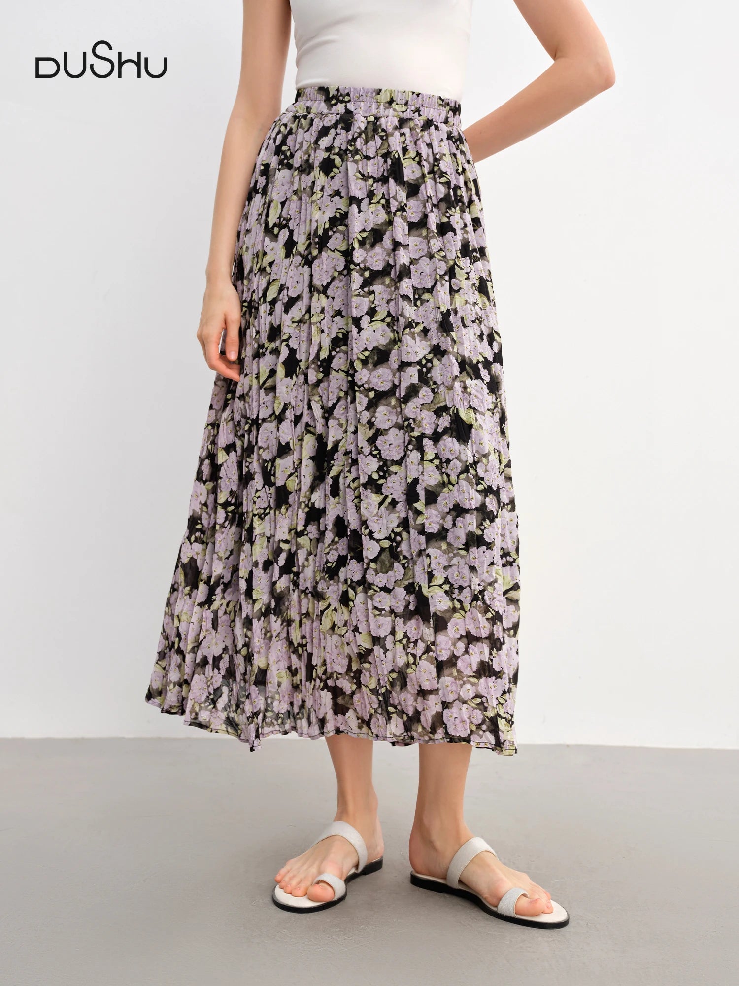 DUSHU Summer 2025 Textured Midi Skirt - Vintage Relaxed Fit Flowy Maxi Skirt with Elastic Waist for Resort to Office
