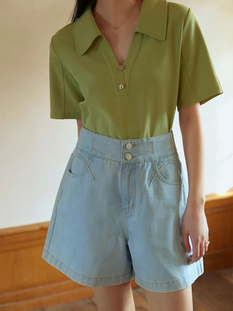 DUSHU Women Denim Shorts High Waist A-LINE Summer Women Shorts Two Button Decoration White Denim Jean Loose Black Shorts