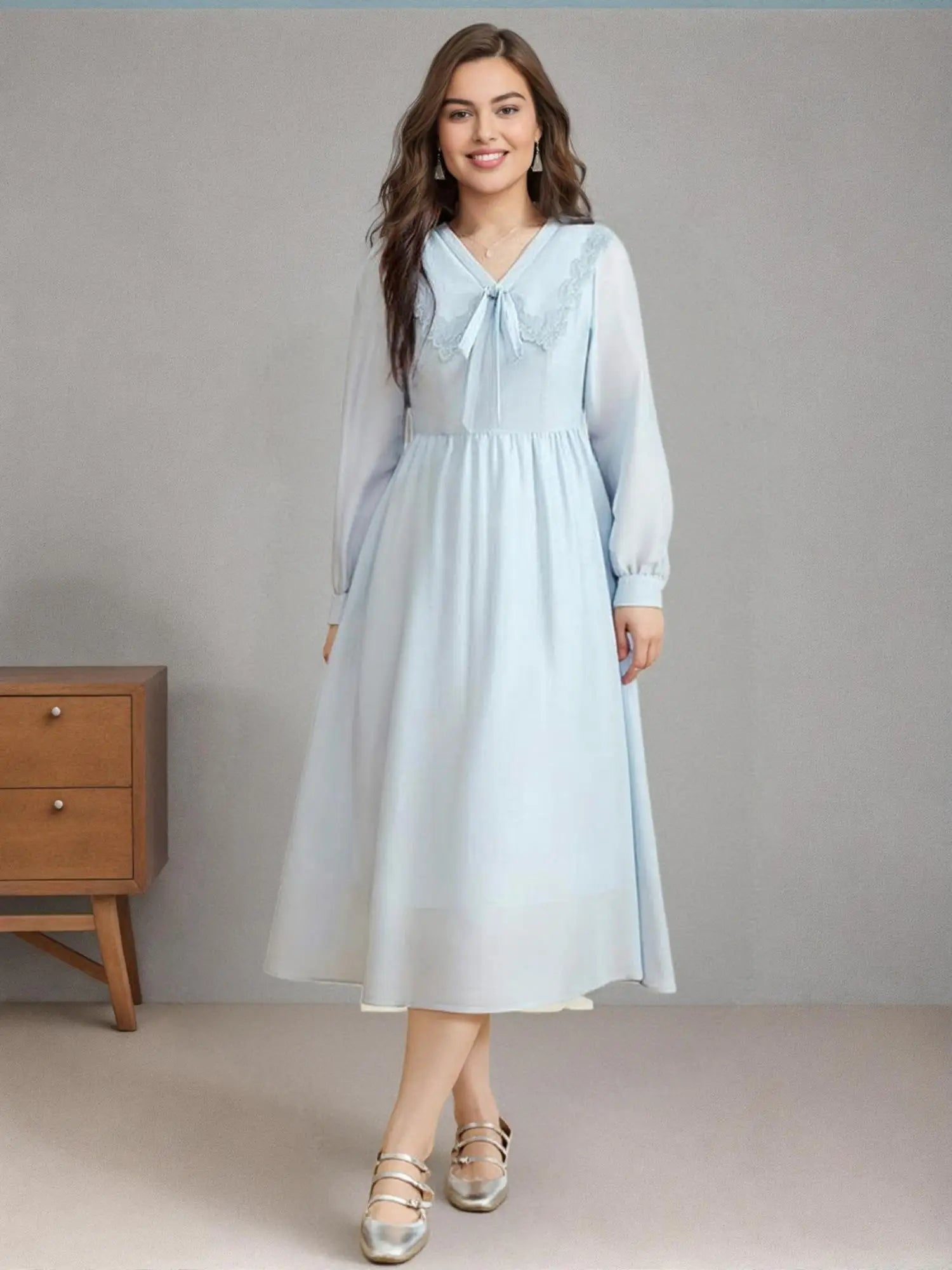 DUSHU Women Spring Long Dresses Blue Sweet Female Peter Pan Collar Long Sleeve Dress 2025 A-LINE Commuter Dress 25DS81230
