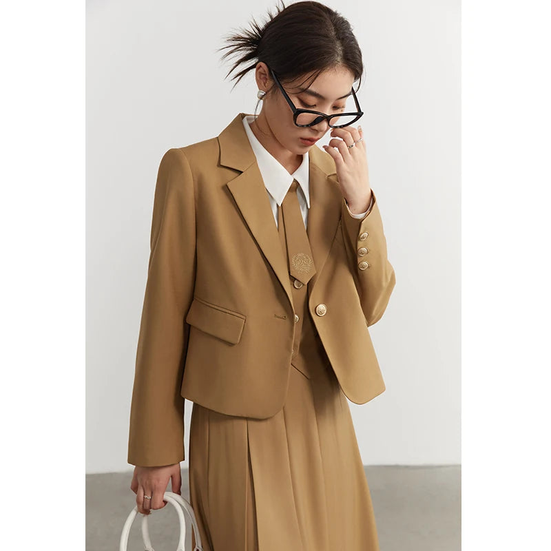 DUSHU College Style Short Blazer Coat Fashion Two Piece Suit for Women Literary Retro Spring New High Waist Half Pleated Skirt
