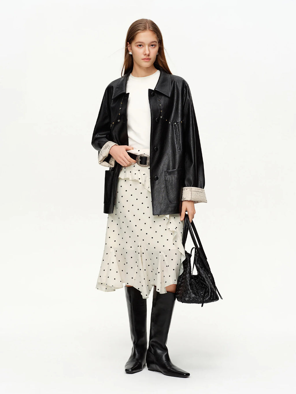 DUSHU Irregular Ruffle Polka Dot Midi Skirt New Spring High-waisted A-line Skirt for Commuting Knee-length Trendy Korean Style