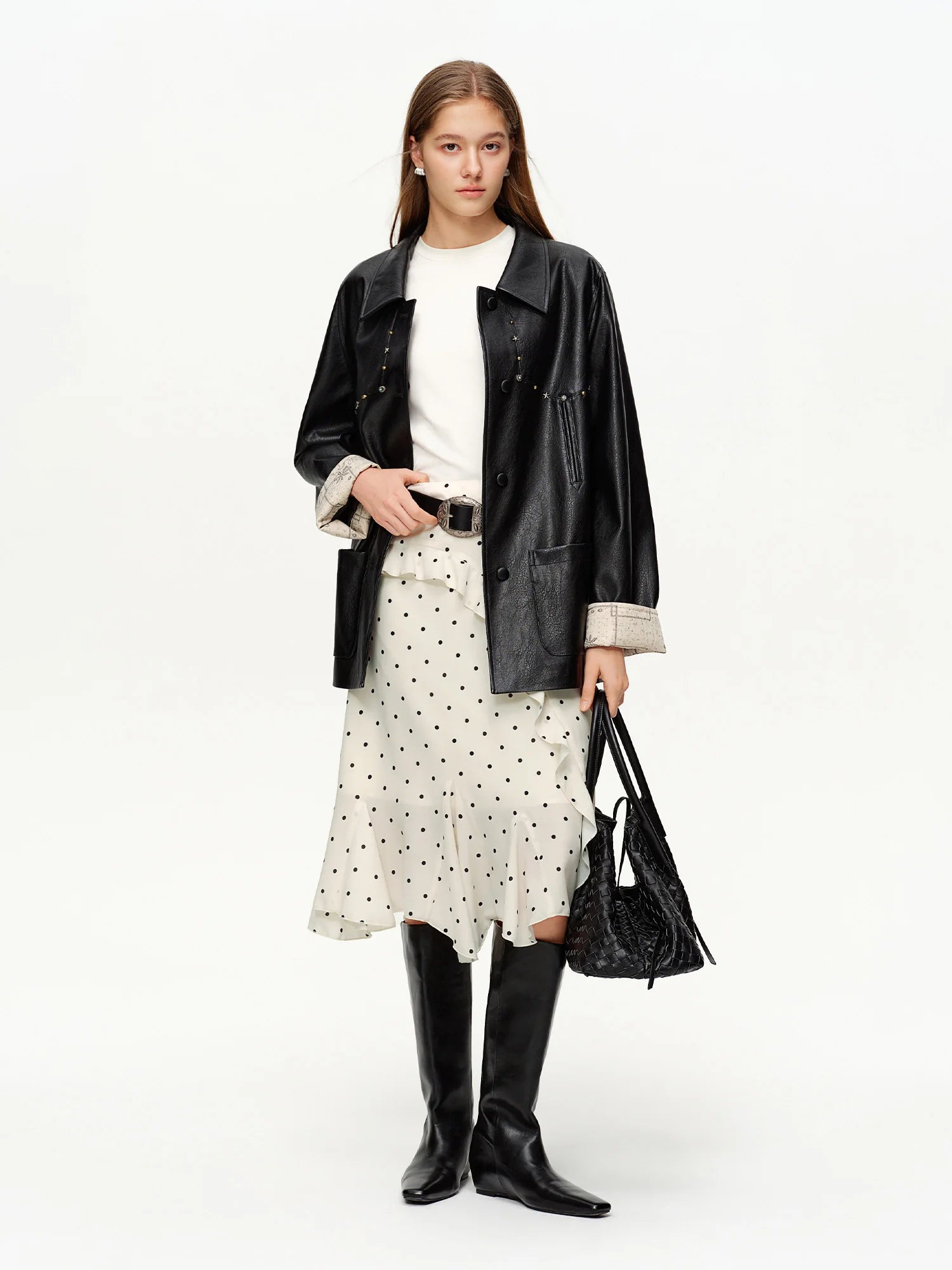 DUSHU Irregular Ruffle Polka Dot Midi Skirt New Spring High-waisted A-line Skirt for Commuting Knee-length Trendy Korean Style