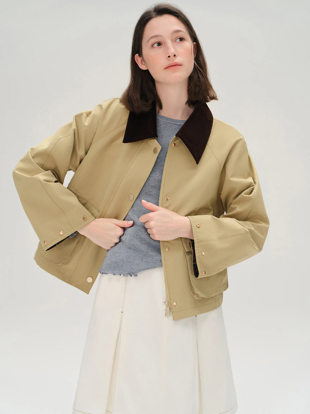 DUSHU Khaki Retro Barn Style Long and Short Trench Coat Autumn New Style 25DS83081+25DS83082