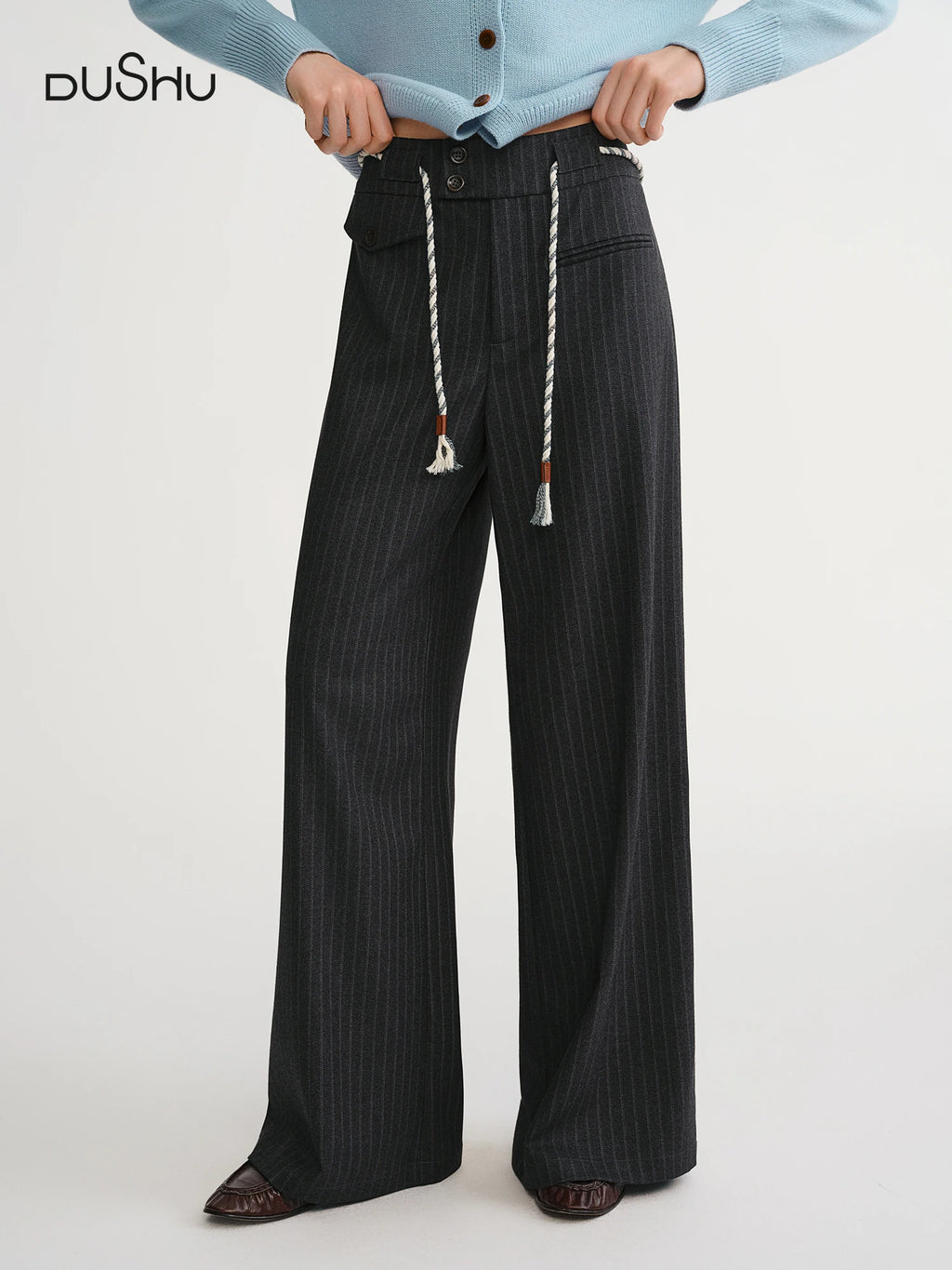 DUSHU Plus Size Women's Oversized Striped Blazer & Slimming Straight Leg Tros Set  Retro Casual Design 2025 New Arrival Pants