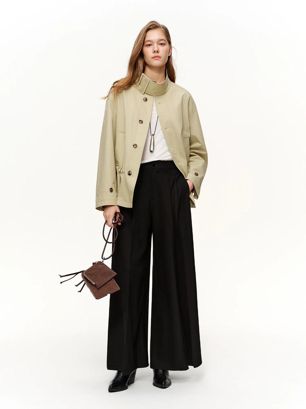 DUSHU 2026 Spring Women's High Waist Pleated Wide Leg Pants Paper Bag Waist Relaxed Fit Straight Trousers for Casual Daily Wear