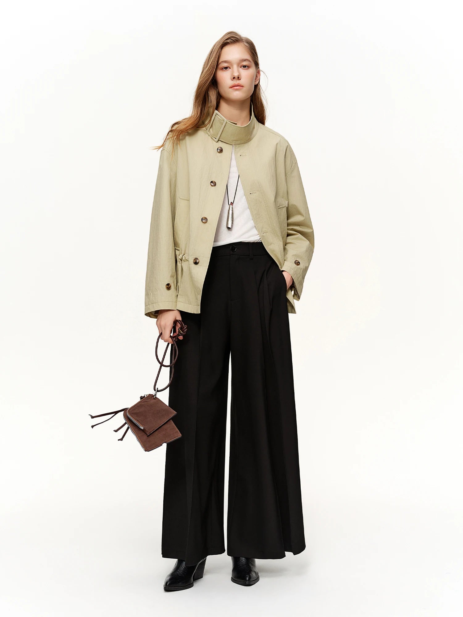 DUSHU 2026 Spring Women's High Waist Pleated Wide Leg Pants Paper Bag Waist Relaxed Fit Straight Trousers for Casual Daily Wear