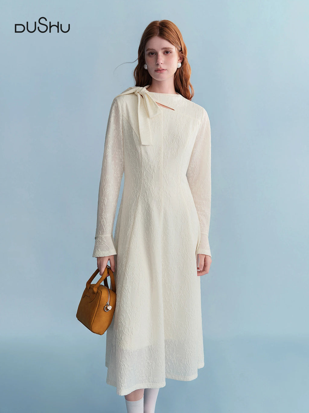DUSHU Embossed Textured Ribbon Beige Dress Women Plump Temperament Mid-calf French Style Long Sleeve Elegant Commuting Solid