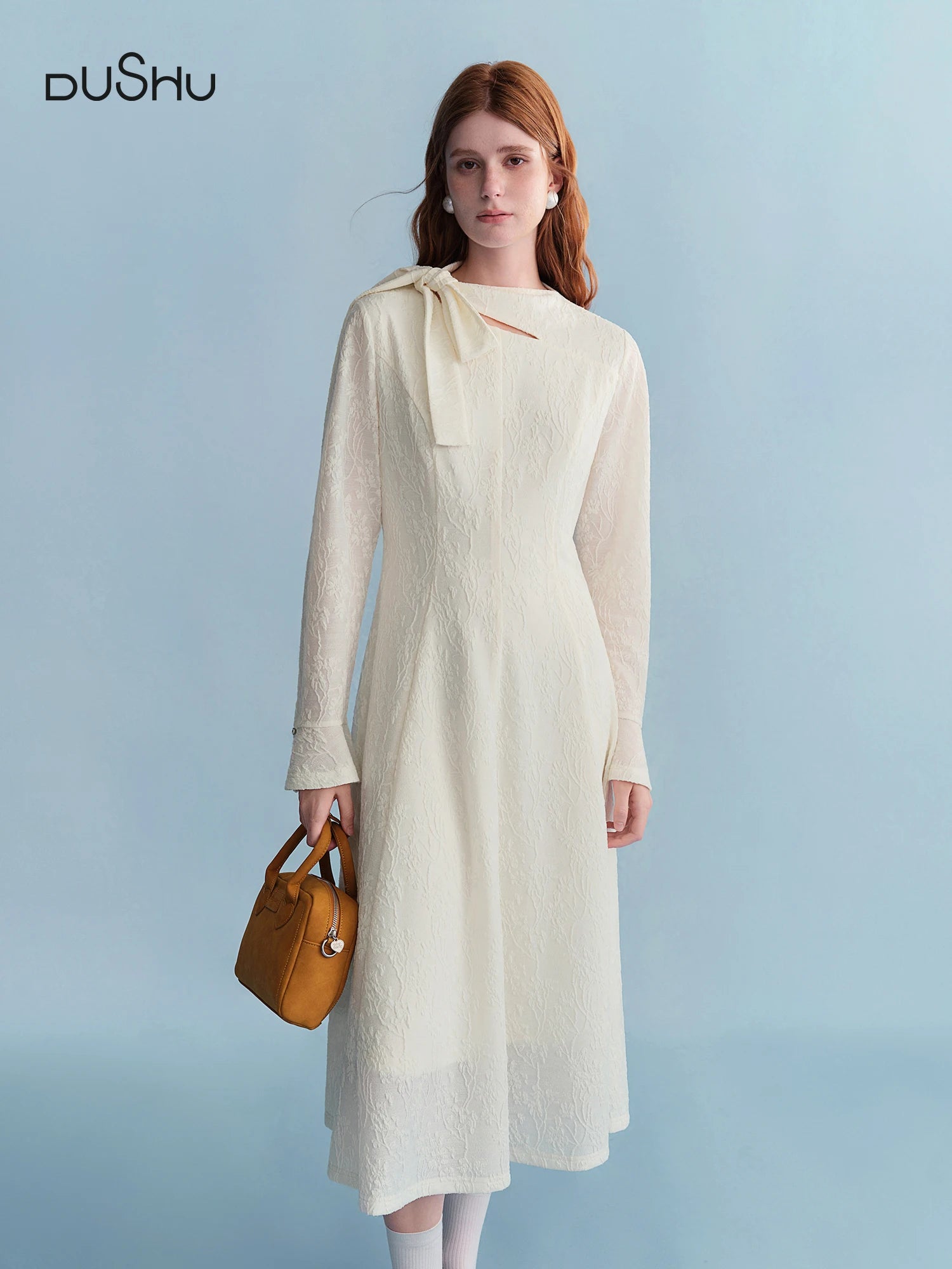 DUSHU Embossed Textured Ribbon Beige Dress Women Plump Temperament Mid-calf French Style Long Sleeve Elegant Commuting Solid