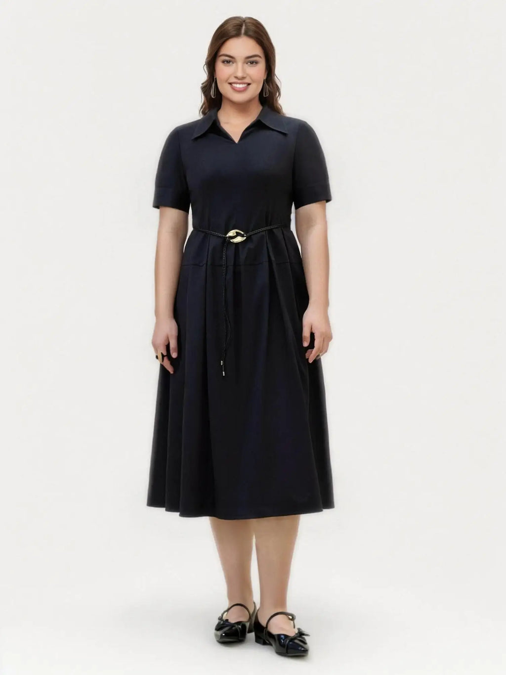 DUSHU Plus Size Relaxed Office Dress 2025 Summer Wrinkle-Free Slimming Waist Modern Elegance Workwear Casual Midi Length Dress