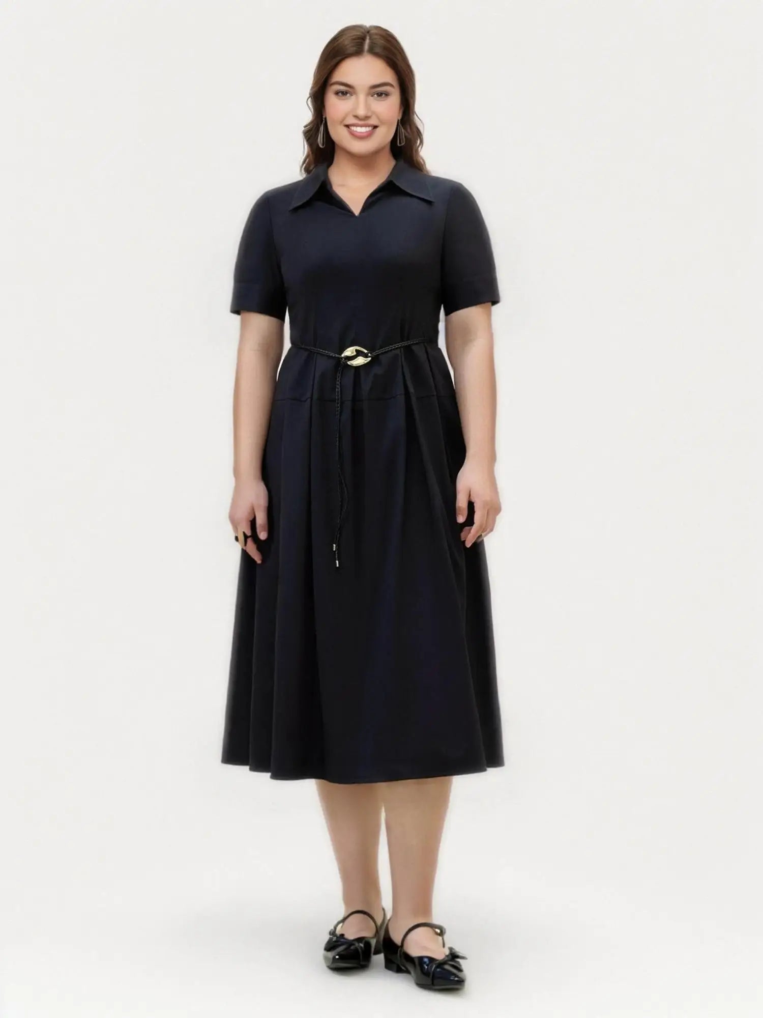 DUSHU Plus Size Relaxed Office Dress 2025 Summer Wrinkle-Free Slimming Waist Modern Elegance Workwear Casual Midi Length Dress
