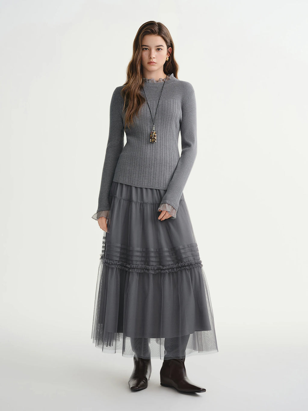 DUSHU Three-color Ruffled Mesh Skirt Women Pleated Mesh Straight Skirt Fairy Retro Gothic Cool Girls Elastic Waist Loose Fit