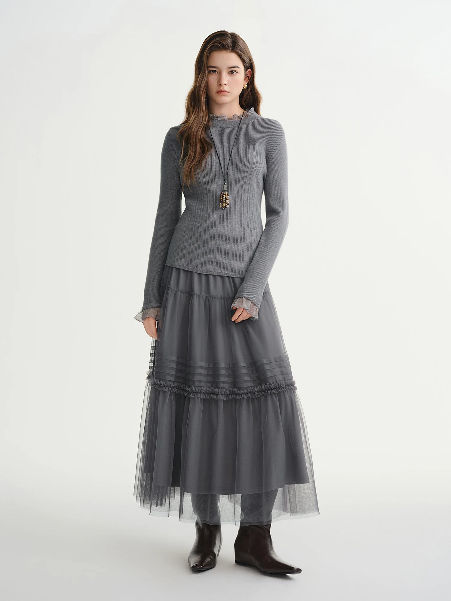 DUSHU Three-color Ruffled Mesh Skirt Women Pleated Mesh Straight Skirt Fairy Retro Gothic Cool Girls Elastic Waist Loose Fit