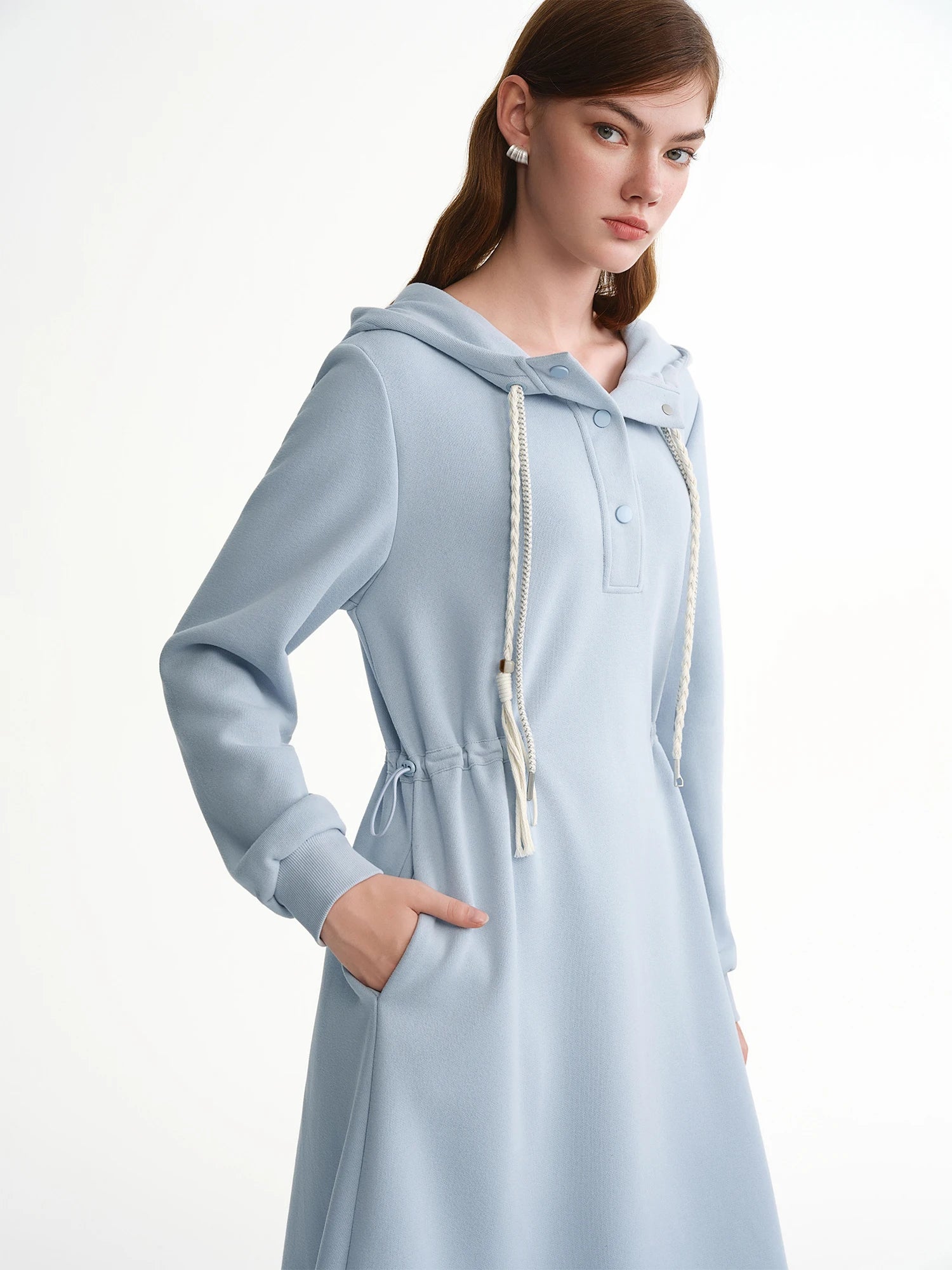 DUSHU Winter A-line Maxi Dresses Women Waist-defined Hooded Sweatshirt Sundress Long Sleeve Holiday Vestidos Cotton Daily Sweet