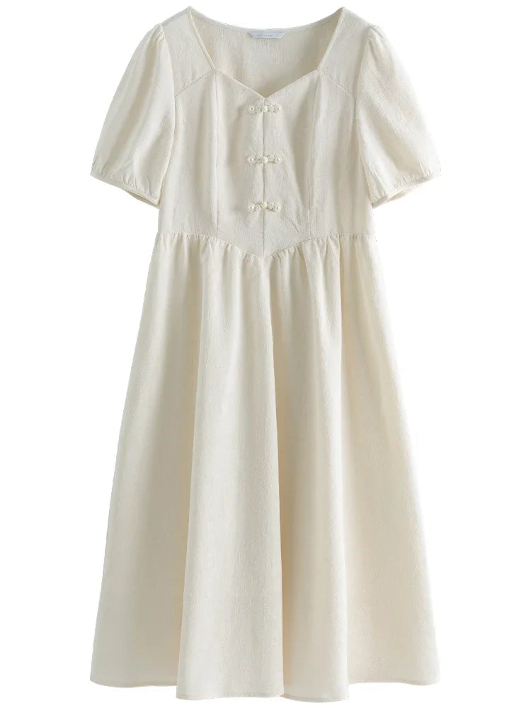 DUSHU Jacquard New Chinese Style Dress For Summer New Elegant Button Up Chinese Style High Waisted Women Dress 24DS82668