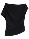 DUSHU Summer 2025 Acetate T-Shirt - Off-Shoulder Draped Neck Waist Tucks Slim Fit Casual Top Women Fashion