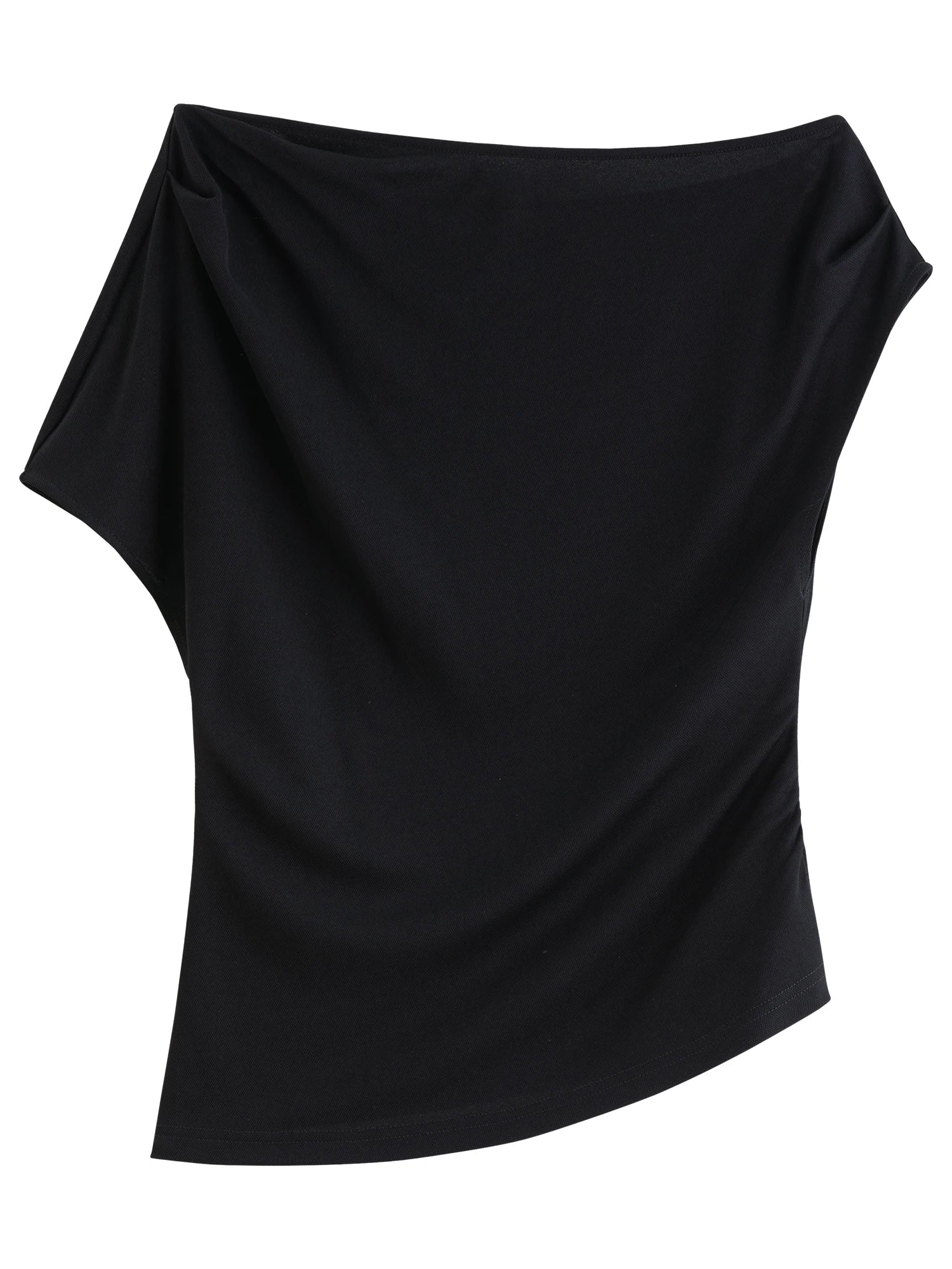 DUSHU Summer 2025 Acetate T-Shirt - Off-Shoulder Draped Neck Waist Tucks Slim Fit Casual Top Women Fashion