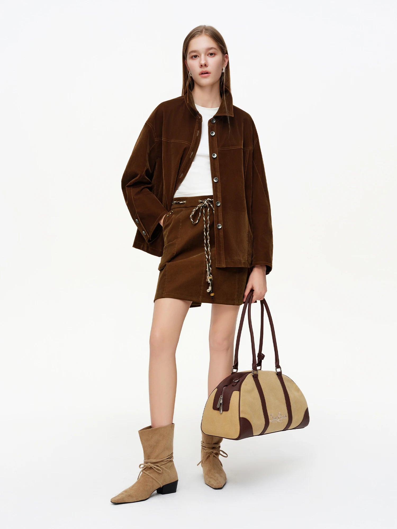 DUSHU Vintage Flocked Brown Denim Skirt High Waist Office Commute Slimming A-Line Midi Skirt Casual Stretch Skirt for Women